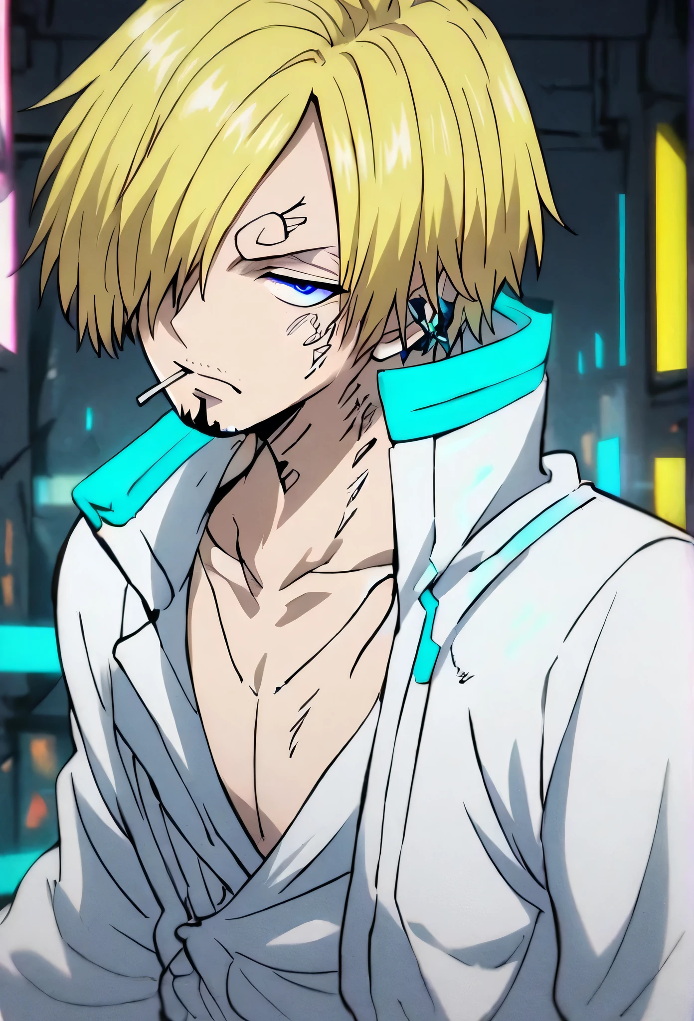 solo, handsome, 1 male, cyberpunk, white coat, short hair, yellow hair, neon, dark blue eyes, head phone