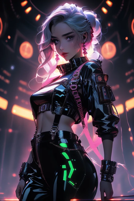 ((Picture in cyber punk style, create two characters), (futuristic , space station, space)))_((In the center of the composition there are two characters, close-up, a boy and a girl - full growth), (a girl in a stylish overalls, a slender figure, dynamic pose), (her clothes look very stylish, futuristic, a lot of details, latex material, textured fabric elements, colors, pink, blue, white), (her image embodies beauty and sympathy, her face radiates happiness, expressive eyes, smile), (her hairstyle, two long braids, hair dyed blue, pink - neon highlights))_((Her partner, a futuristic boy from the future, is dressed in all black, his preference in clothing, dark gothic style, combined with space jumpsuit, sporty stylish), (shoulder-length hair, handsome, black eyes, slender, young, strong body))_((Background, space station, space, technological elements, shine of stars))_((High image quality, stylish picture in cyber punk style, futuristic future, masterpiece), (animation cinematography, stylized realism, Japanese anime, blade runner, apple seed, animatrix), (FULL HD, 18K).