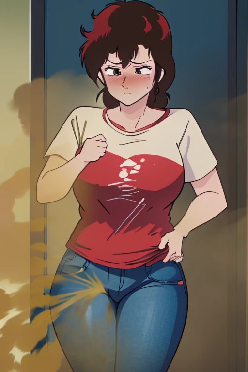 HD, high quality, high resolution, ultrahd,Kaori Makimura, 1female, wearing casual outfit, red wet tshirt, jeans, default hair, short brown hair, tall body, big body, big hips, massive fart, velocity, yellow smoke, clenching teeth, wide eyes, leaning, blush, embarrassed