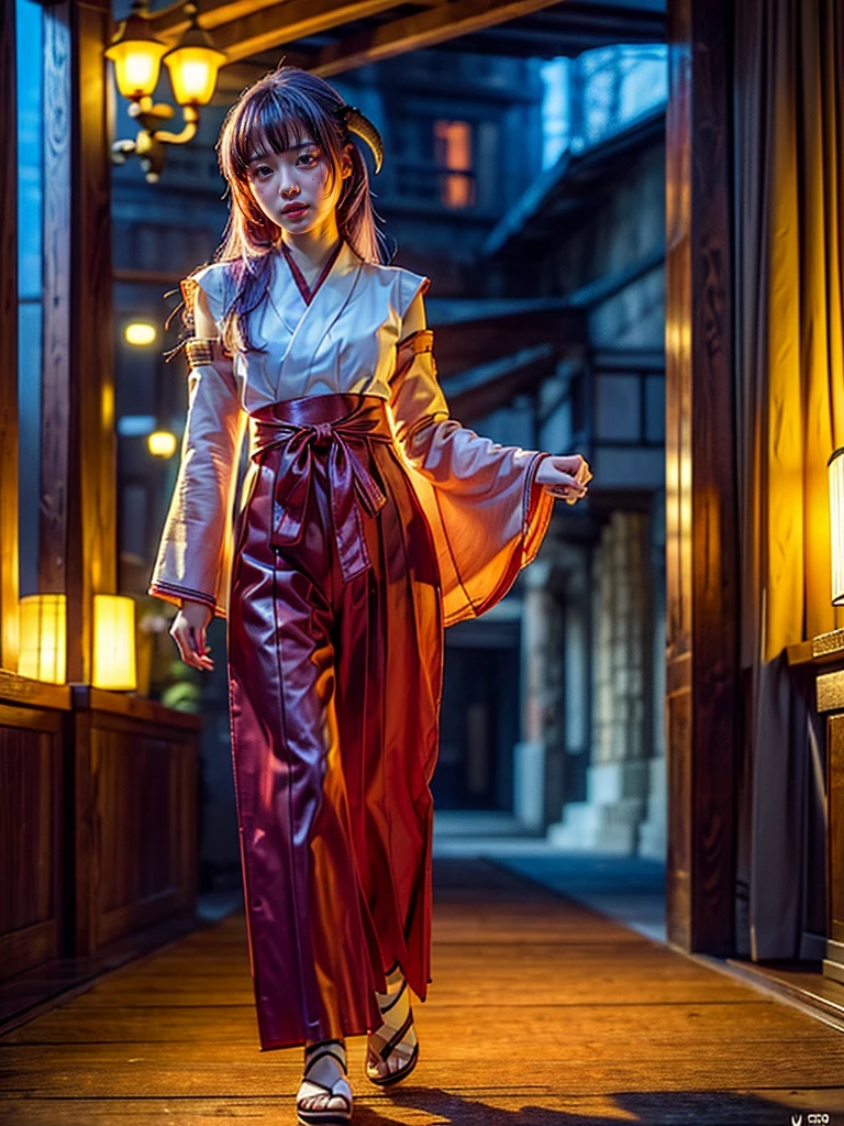 (1 lady), (Best quality at best:1.4), (ultra - detailed), (extremely detailed CG unified 16k), A Beautiful Girl: 1.4, Sharp Focus: 1.2, very detailed, High-definition RAW color photo, professional photoshooting, amazing face and eyes, (amazingly beautiful girl), ((Hanyuu, 11 years old girl)), ((japanese clothes, miko, detached sleeves, hakama, hakama skirt, skirt, red hakama, ribbon-trimmed sleeves)), standing, (Dark and stylish inside temple), (look from down), realistic cinematic face, head to feet long wide zoomed out view, full body long view, photorealistic, ((realistic natural purple hair style, horns, long hair, purple eyes, blush)), extremely beautiful face, perfect beauty, pout mouth, Highly Detailed Face and Skin Texture, Detailed Eyes, Double Eyelids, Small Breasts, cleavages, western, (masterpiece), best quality, high resolution, extremely detailed, blurred background, depth of field, cinematic lighting, amazing legs, high heels, clear and well-cared skin, drinking red wine