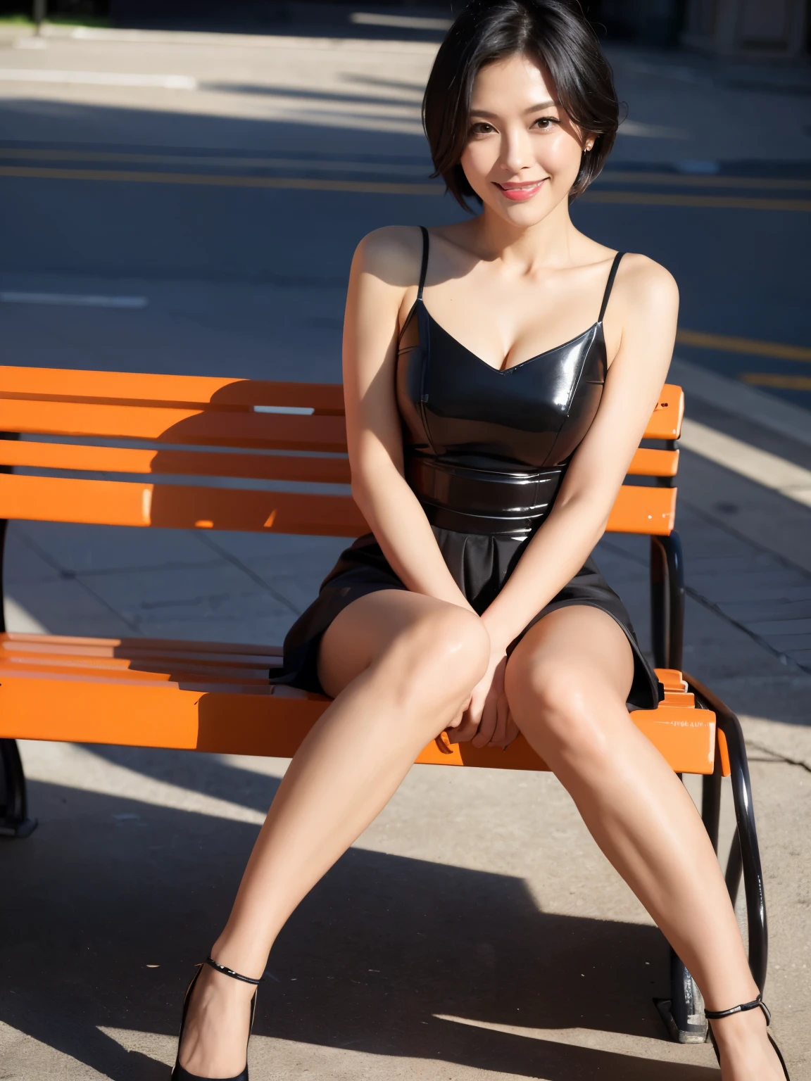 (RAW Photos:1.2), (Realistic:1.4),Beautiful detailed woman,非常にFine Eyesと顔, Fine Eyes, Very detailed,High resolution, Very detailed,highest quality,Awareness-raising,Unified,8k wallpaper,masterpiece,highest quality,1 female,alone,rich,Esbian all over,(A little chubby:0.8),Thick legs,alone,（black strap dress,Knee-high boots）,jewelry, necklace ,short hair,A kind smile,A dignified atmosphere,black eye,Realistic,Hibiya Park , (Morning Park:1.1),(Stand upright：1.4）