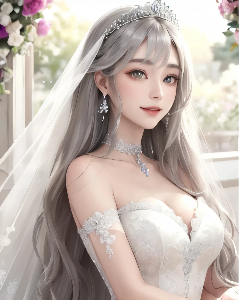 Super detailed、highest quality、masterpiece、
vivid、beautiful girl、Wide double eyelids、Big eyes、Japanese、Sepia eyes、Long Hair、Silver Hair、Flower Field、Daytime、bright、vivid、Princess、princess、goddess、clear、bride、Wedding dress、race、((organdy))、choker、Earrings、tiara、Natural smile