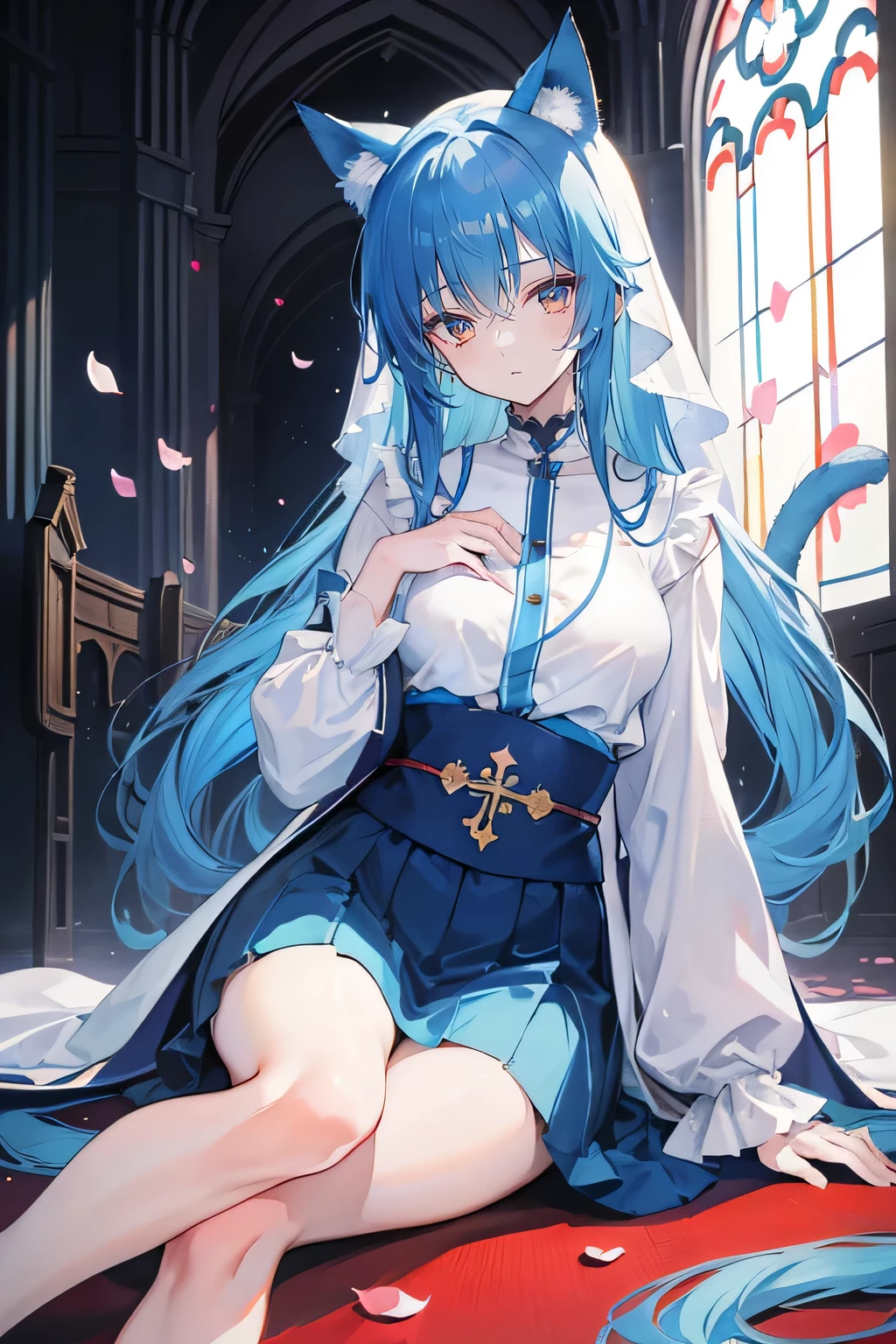 (masterpiece:1.2),Extremely detailed,Practical,expressive eyes,Fair skin,Perfect face shaping,1 Girl,
Japanese cartoons,Gorgeous blue hair, the long flowing blue hair,Floating clothes,Cat ears,Petals fall,beautiful lola,Young Angel,
Place your hands on your waist,sit elegantly on the ground,Cross your legs,Gentle and peaceful background,church,Nun's Clothes,back view,lie on the water.
