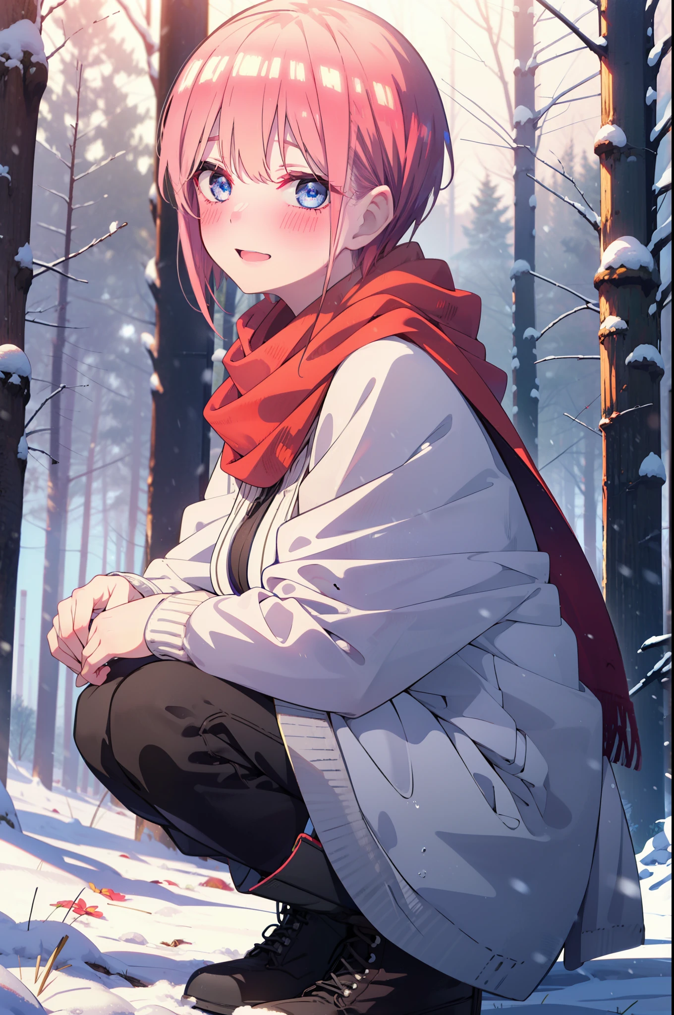 ichikanakano, ichika nakano, short hair, bangs, blue eyes, Hair between the eyes, smile,Pink Hair,smile,blush,White Breath,Big Breasts,
Open your mouth,snow,Ground bonfire, Outdoor, boots, snowing, From the side, wood, suitcase, Cape, Blurred, Increase your meals, forest, White handbag, nature,  Squat, Mouth closed, フードed Cape, winter, Written boundary depth, Black shoes, red Cape break looking at viewer, Upper Body, whole body, break Outdoor, forest, nature, break (masterpiece:1.2), highest quality, High resolution, unity 8k wallpaper, (shape:0.8), (Beautiful and beautiful eyes:1.6), Highly detailed face, Perfect lighting, Highly detailed CG, (Perfect hands, Perfect Anatomy),