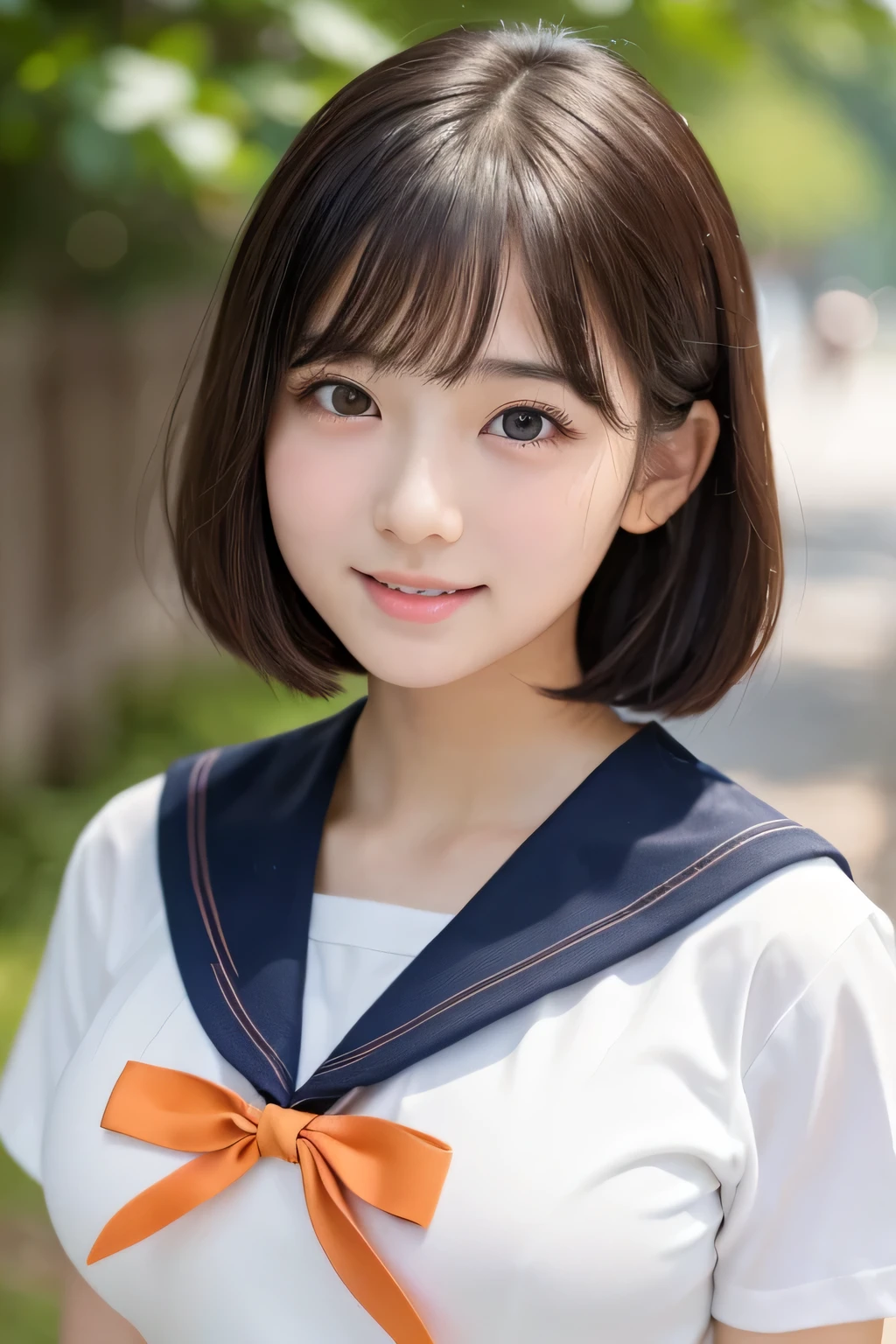 (1 Girl)、(Beautiful Japanese、18years old,round face、Refreshing、clear、seems kind、stylish、Pitiful、cute like an angel、cute、black eyes、,actress,Almond-shaped eyes,Translucent white skin、Beautiful skin), Good style , (((Beautiful big breasts:1.2))),(((soft breasts))),(very cute),(Black hair),(short bob hair),(enchanting eyes),(highlight on eyes:1.2)、(8K、Live shooting、highest quality、masterpiece:1.2、optimal lighting)、((masterpiece)),(Photo taken by a professional photographer),(real、photo real:1.4),break,{ (Cute Japanese high school sailor uniform),((Cute Sailor Suit:1.2))},(cheeks are red:1.3), break, break,Face shot:1.3、 face close-up,Looking up、(Cleavage:0.7)、,Looking at viewer,From below,(high school),(tear:1.4),(Troubled face),smile、Happy、Laughing with open mouth、Her hair is fluttering、Orange juice in a retro glass bottle
