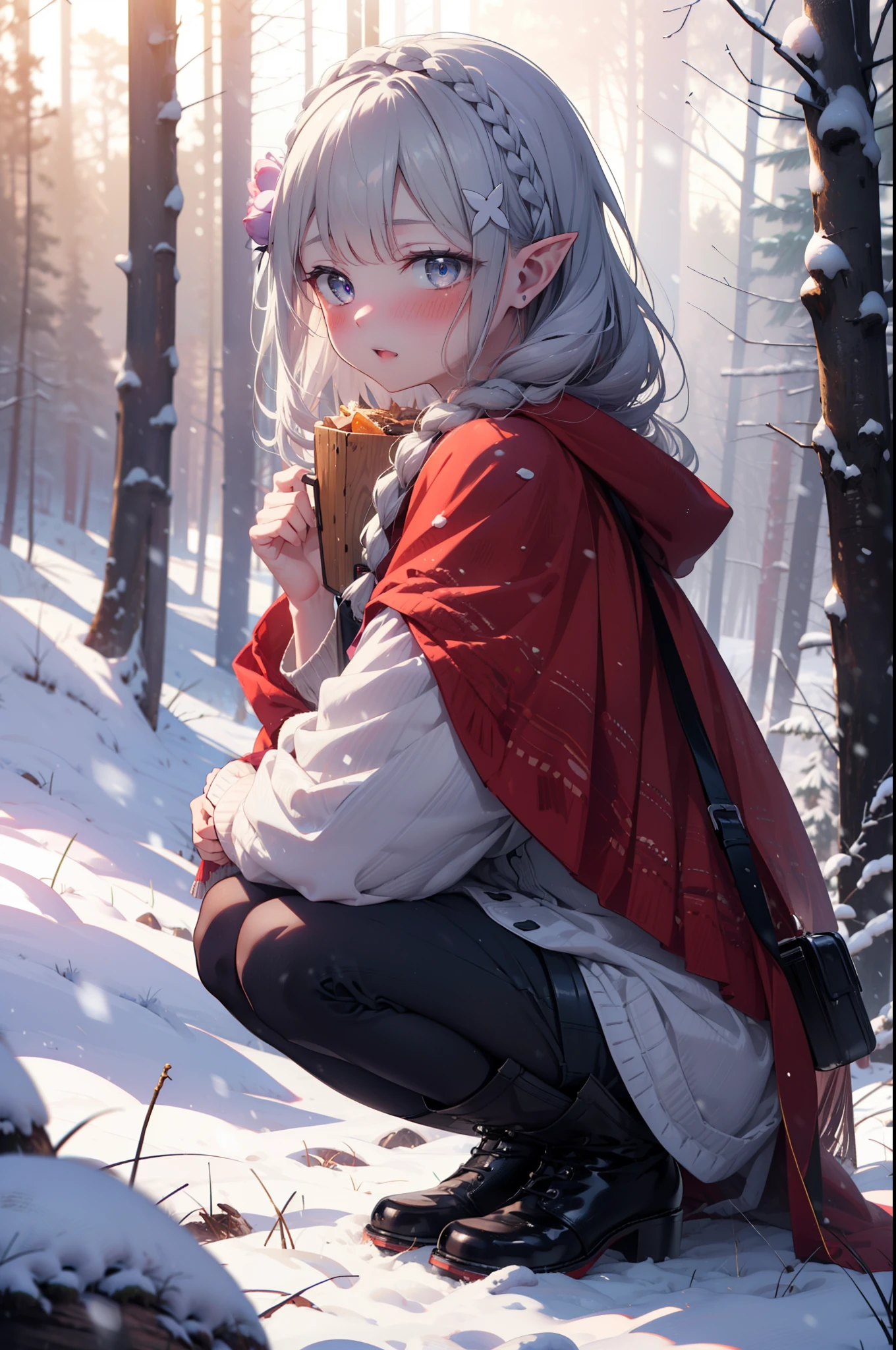 Emilia, Braiding, crown Braiding, flower, hair flower, hair ornaments, Hair Ribbon, Long Hair, Pointy Ears, (Purple eyes:1.2), Gray Hair, x hair ornaments,smile,blush,White Breath,
Open your mouth,snow,Ground bonfire, Outdoor, boots, snowing, From the side, wood, suitcase, Cape, Blurred, having meal, forest, White handbag, nature,  Squat, Mouth closed, Cape, winter, Written boundary depth, Black shoes, red Cape break looking at viewer, Upper Body, whole body, break Outdoor, forest, nature, break (masterpiece:1.2), highest quality, High resolution, unity 8k wallpaper, (shape:0.8), (Beautiful and beautiful eyes:1.6), Highly detailed face, Perfect lighting, Extremely detailed CG, (Perfect hands, Perfect Anatomy),