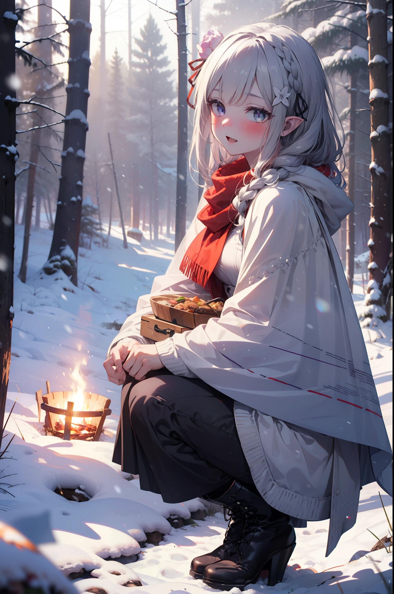 Emilia, Braiding, crown Braiding, flower, hair flower, hair ornaments, Hair Ribbon, Long Hair, Pointy Ears, (Purple eyes:1.2), Gray Hair, x hair ornaments,smile,blush,White Breath,
Open your mouth,snow,Ground bonfire, Outdoor, boots, snowing, From the side, wood, suitcase, Cape, Blurred, having meal, forest, White handbag, nature,  Squat, Mouth closed, Cape, winter, Written boundary depth, Black shoes, red Cape break looking at viewer, Upper Body, whole body, break Outdoor, forest, nature, break (masterpiece:1.2), highest quality, High resolution, unity 8k wallpaper, (shape:0.8), (Beautiful and beautiful eyes:1.6), Highly detailed face, Perfect lighting, Extremely detailed CG, (Perfect hands, Perfect Anatomy),