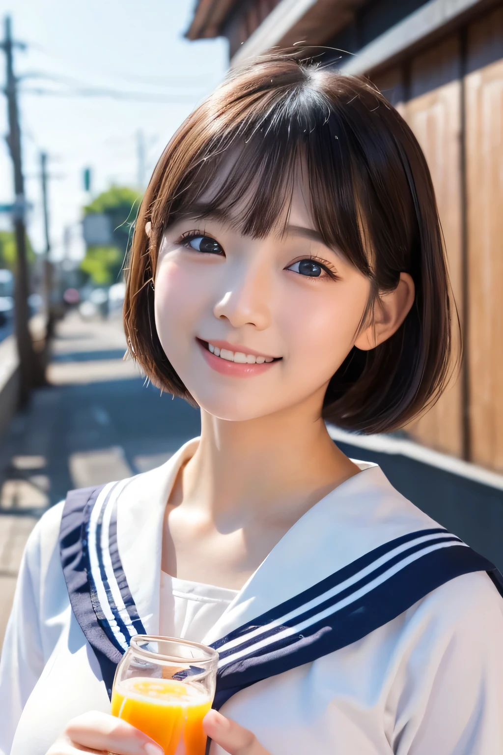 (1 Girl)、(Beautiful Japanese、18years old,round face、Refreshing、clear、seems kind、stylish、Pitiful、cute like an angel、cute、black eyes、,actress,Almond-shaped eyes,Translucent white skin、Beautiful skin), Good style , (((Beautiful big breasts:1.2))),(((soft breasts))),(very cute),(Black hair),(short bob hair),(enchanting eyes),(highlight on eyes:1.2)、(8K、Live shooting、highest quality、masterpiece:1.2、optimal lighting)、((masterpiece)),(Photo taken by a professional photographer),(real、photo real:1.4),break,{ (Cute Japanese high school sailor uniform),((Cute Sailor Suit:1.2))},(cheeks are red:1.3), break, break,Face shot:1.3、 face close-up,Looking up、(Cleavage:0.7)、,Looking at viewer,From below,(high school),(tear:1.4),(Troubled face),smile、Happy、Laughing with open mouth、Her hair is fluttering、Orange juice in a retro glass bottle