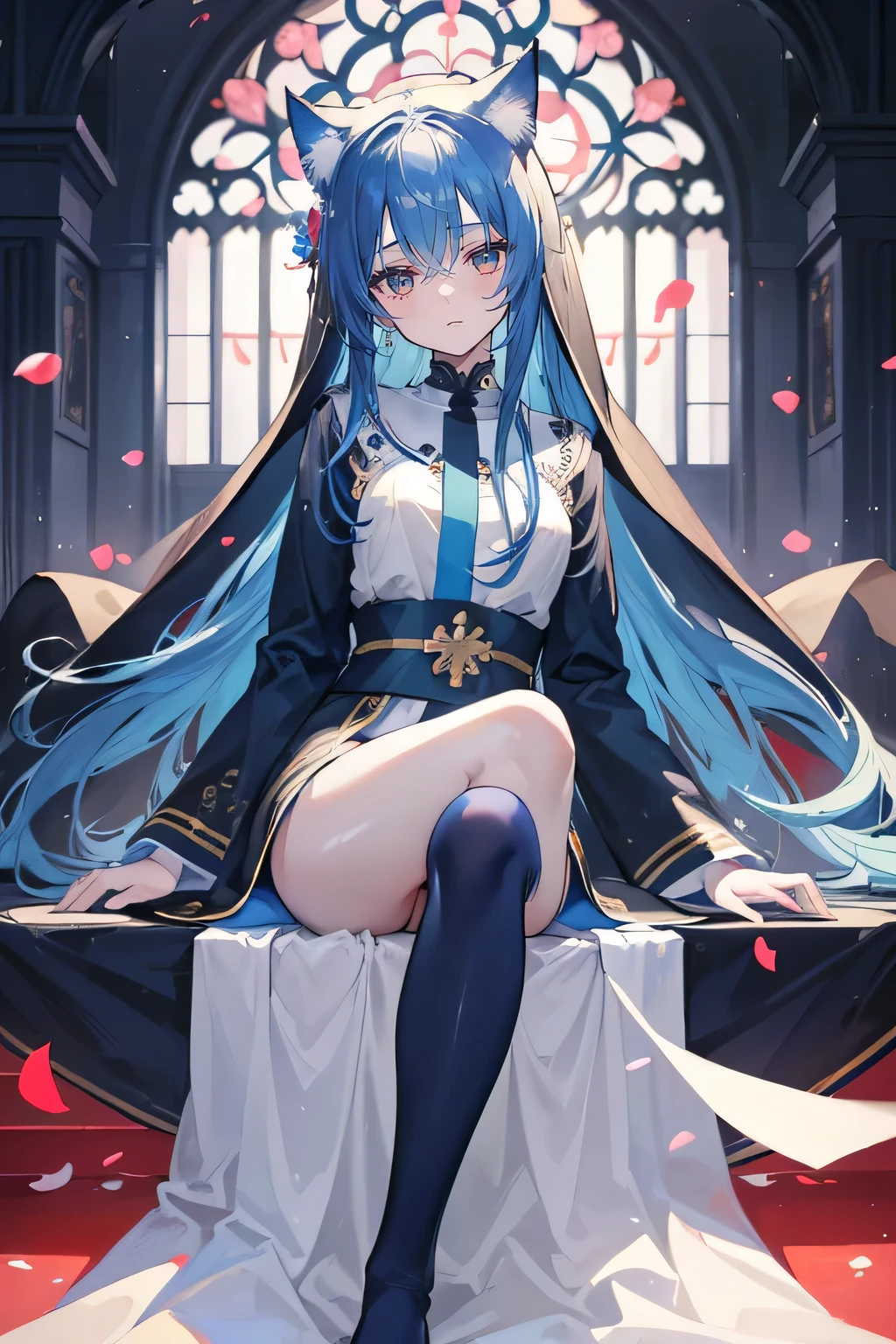 (masterpiece:1.2),Extremely detailed,Practical,expressive eyes,Fair skin,Perfect face shaping,1 Girl,
Japanese cartoons,Gorgeous blue hair, the long flowing blue hair,Floating clothes,Cat ears,Petals fall,beautiful lola,Young Angel,
Place your hands on your waist,sit elegantly on the ground,Cross your legs,Gentle and peaceful background,church,Nun's Clothes,back view,lie on the water.