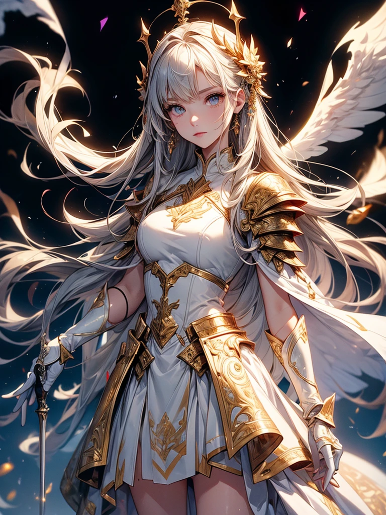 (((masterpiece, best quality, high detailed, 8k))) Design a layout showcase Gaming character, (1girl). White|Gold clothes, stylish and unique. ((showcase weapon:1.4)), holy scepter. (masterpiece:1.2), (best quality), 4k, ultra-detailed. (Step by step design, layout art:1.5), (luminous lighting, atmospheric lighting). priestess, ((glove full hands)), (((revealing clothes:1.3))), vambraces, armored legwear, (((full_body_shot:1.4))). {In a sacred temple}.
