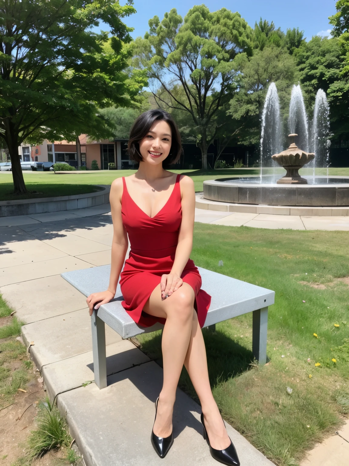 最high quality, In 8K, Masseter region, Vibrant, Sharp focus, high quality, High resolution, Detailed face, fine grain, Thick lips, (Looking at the audience), alone, Beautiful woman, 38 years old, Japanese women, (Short black hair:1.4)、(Bob Hair:1.4), Cleavage, Lunch break、Large city park、Green Grass、In front of a big fountain、(sitting on a park bench:1.3)、(Full body photo:1)、(Orange Formal Dress:1.5)、(Knee-length dresses:1.5)、(Black pumps:1.5)、(Red lipstick:1)、(smile:1.3)、(standard body type)、(D cup breasts)