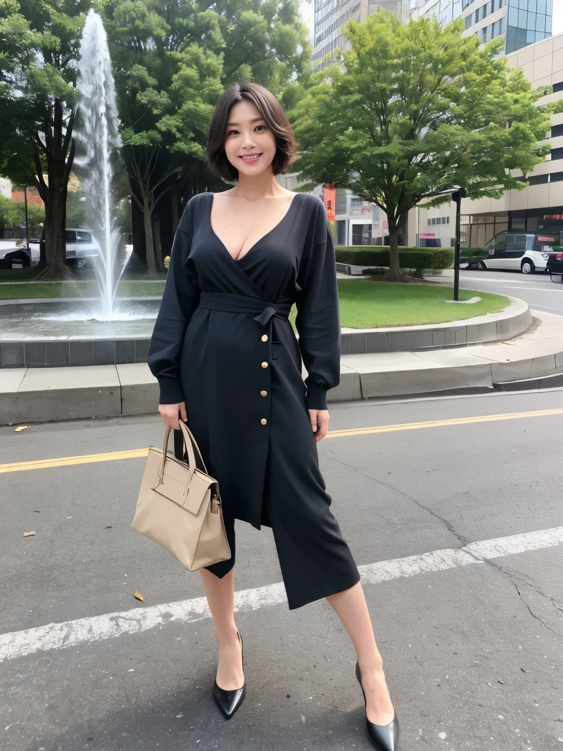 最high quality, In 8K, Masseter region, Vibrant, Sharp focus, high quality, High resolution, Detailed face, fine grain, Thick lips, (Looking at the audience), alone, Beautiful woman, 38 years old, Japanese women, (Short black hair:1.4)、(Bob Hair:1.4), Cleavage, Lunch break、Large city park、Green Grass、In front of a big fountain、(sitting on a park bench:1.3)、(Full body photo:1)、(Orange Formal Dress:1.5)、(Knee-length dresses:1.5)、(Black pumps:1.5)、(Red lipstick:1)、(smile:1.3)、(standard body type)、(D cup breasts)