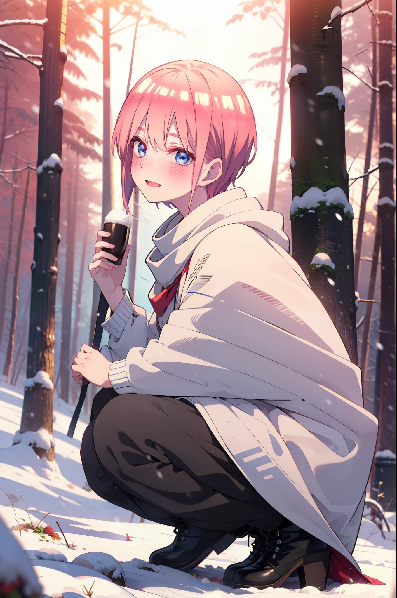 ichikanakano, ichika nakano, short hair, bangs, blue eyes, Hair between the eyes, smile,Pink Hair,smile,blush,White Breath,Big Breasts,
Open your mouth,snow,Ground bonfire, Outdoor, boots, snowing, From the side, wood, suitcase, Cape, Blurred, Increase your meals, forest, White handbag, nature,  Squat, Mouth closed, フードed Cape, winter, Written boundary depth, Black shoes, red Cape break looking at viewer, Upper Body, whole body, break Outdoor, forest, nature, break (masterpiece:1.2), highest quality, High resolution, unity 8k wallpaper, (shape:0.8), (Beautiful and beautiful eyes:1.6), Highly detailed face, Perfect lighting, Highly detailed CG, (Perfect hands, Perfect Anatomy),