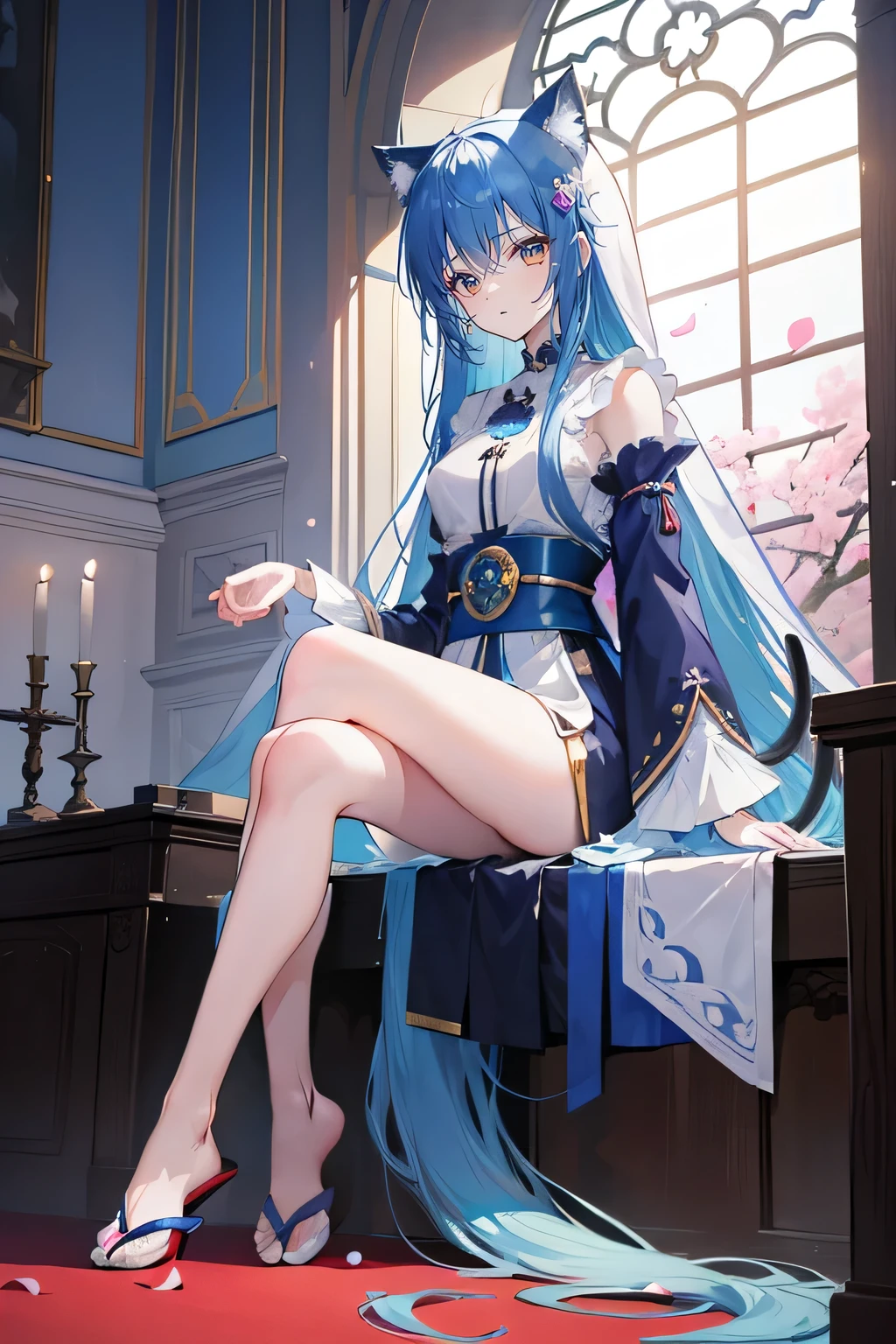 anime girl, long navy blue hair with accessories, beautiful deep blue eyes, beautiful face, skintight blue chinese dress with patterns, bare legs, by the window at night with stars and a moon outside, 8k, good anatomy, high resolution