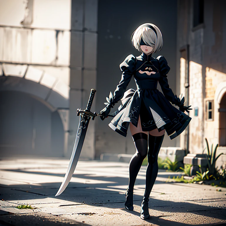 2B, 1girl, solo, short hair, thighhighs, gloves, long sleeves, dress, holding, cleavage, medium breasts, standing, full body, weapon, white hair, hairband, puffy sleeves, sword, black thighhighs, black footwear, holding weapon, mole, nude , high heels, leotard, clothing cutout, thigh boots, holding sword, cleavage cutout, katana, black hairband, juliet sleeves, mole under mouth, facing viewer, high heel boots, blindfold, covered eyes, black blindfold, feather-trimmed sleeves, masterpiece,