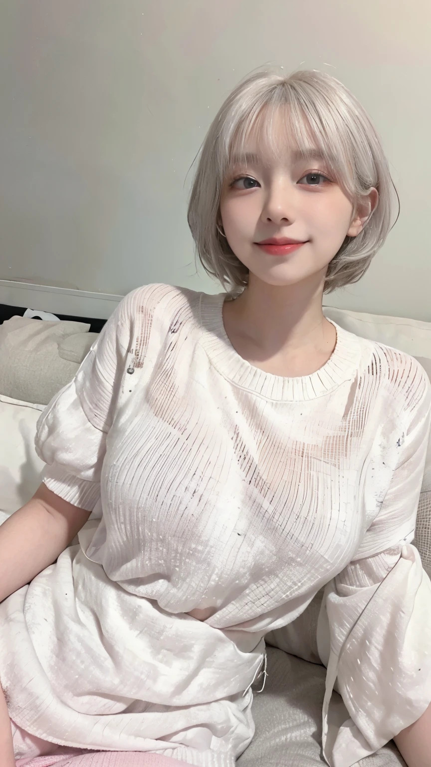Best image quality、Raw photo、超A high resolution、21 year old Korean、、Dynamic Angle、Cowboy Shot、Chaos in its most beautiful form、elegant、Brutalist Design、Beautiful white hair、Vibrant colors、Short Bob、smile、fun、smile、Glowing White Skin、Beautiful eyes with random colors、Very thin lips、Beautiful eyes in every detail、Long, narrow eyes、Pale pink blush、Long eyelashes、Beautiful double eyelids、eye shadow、Bright white hair、sofa、large summer sweater、Short sleeves、sleep、lie down、Lying on your back、Full body shot、Full body shotする