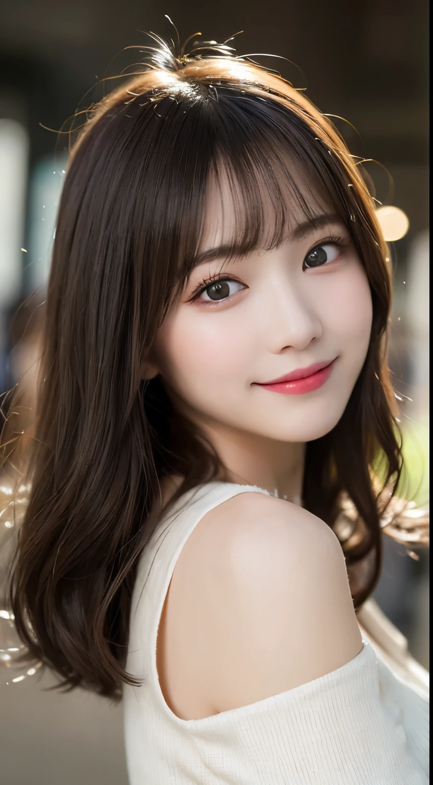 Tabletop, highest quality, shape, Very detailed, finely, High resolution, 8k wallpaper, 完璧なダイナミックな構shape, Beautiful and exquisite,ランダムなcute髪,,Natural color lip, Bold sexy pose,smile、20-year-old girl、cute、Looking into the camera,Always blur the background,Perfect and beautiful face,Slim face and figure,Big eyes、Putting on gal makeup,Small face,Shooting from below、smile,Blurred Background,Elegant feminine face、Cyberpunk Fashion、smile