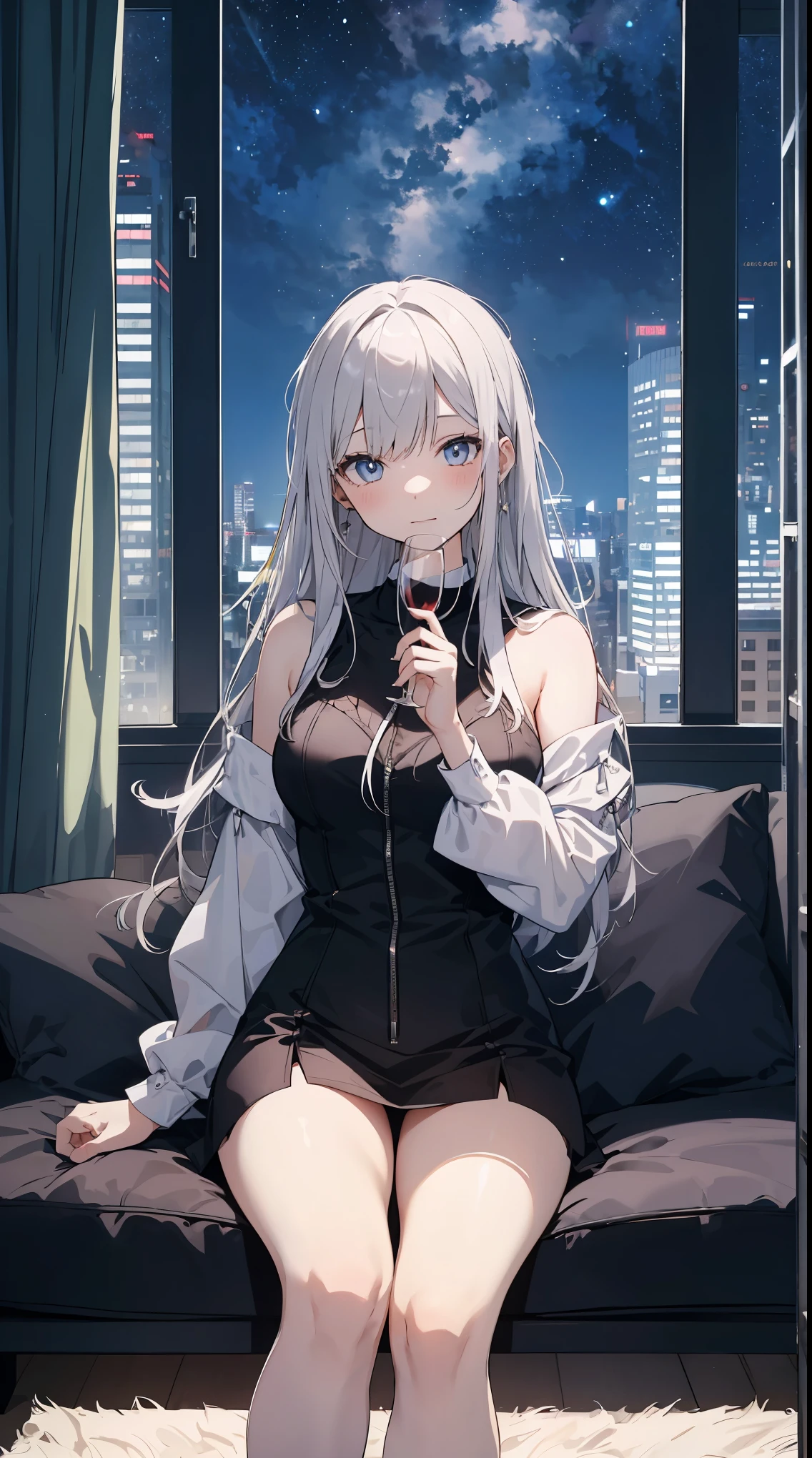 This illustration depicts a cute girl standing by the window of a room in a high-rise building, relaxing in her situation. She holds a wine glass filled with wine in her hand, her eyes shining. Inside the room, there is a glass table, a luxurious sofa, and a white carpet. However, the most notable thing is the "final mysterious high-energy body" she emits. This energy body is released from her body and has the power to obliterate the garbage in the room. emits a bluish-white light that reaches every corner of the room. The view from the window is a starry sky and a fantastical world. A girl with a satisfied expression is sitting.