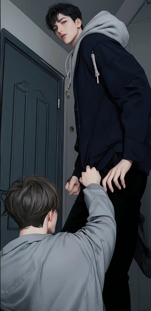 Black hair, short hair, 2 males, Delicate face、Mature Boy、white button up, grey eyes, masterpiece, best quality, 2 males, teasing each other, seductive looking at each other, romance, bare chest, black long hair, brown short hair, hot, sexy, attractive, finely detailed eyes and detailed face, close up, dynamic angle, touching each other unreal Engine 5