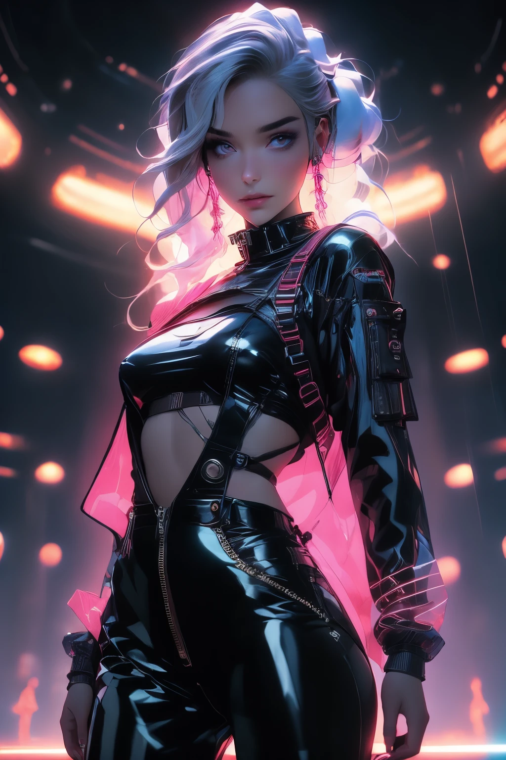 ((Picture in cyber punk style, create two characters), (futuristic , space station, space)))_((In the center of the composition there are two characters, close-up, a boy and a girl - full growth), (a girl in a stylish overalls, a slender figure, dynamic pose), (her clothes look very stylish, futuristic, a lot of details, latex material, textured fabric elements, colors, pink, blue, white), (her image embodies beauty and sympathy, her face radiates happiness, expressive eyes, smile), (her hairstyle, two long braids, hair dyed blue, pink - neon highlights))_((Her partner, a futuristic boy from the future, is dressed in all black, his preference in clothing, dark gothic style, combined with space jumpsuit, sporty stylish), (shoulder-length hair, handsome, black eyes, slender, young, strong body))_((Background, space station, space, technological elements, shine of stars))_((High image quality, stylish picture in cyber punk style, futuristic future, masterpiece), (animation cinematography, stylized realism, Japanese anime, blade runner, apple seed, animatrix), (FULL HD, 18K).