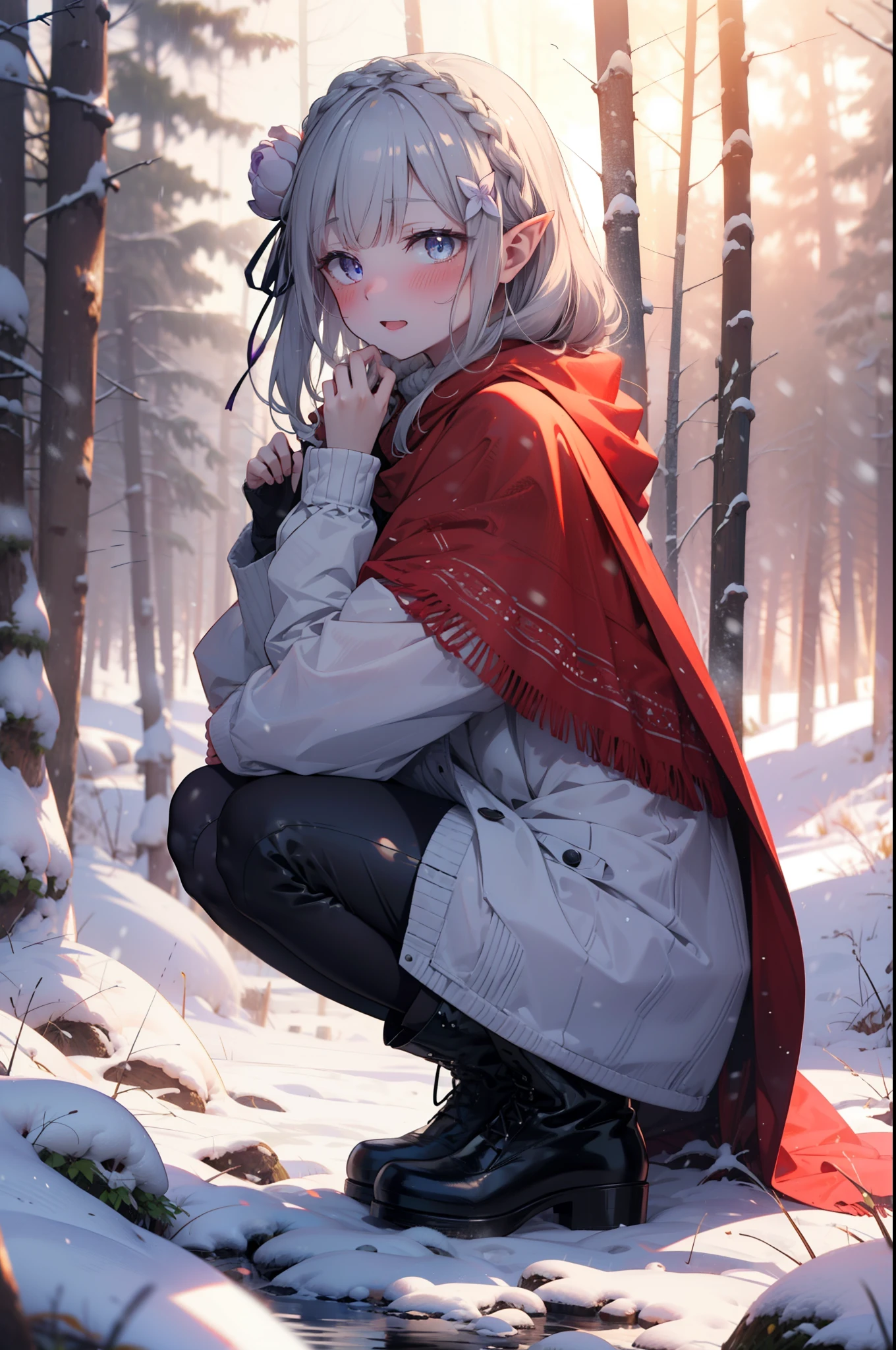 Emilia, Braiding, crown Braiding, flower, hair flower, hair ornaments, Hair Ribbon, Long Hair, Pointy Ears, (Purple eyes:1.2), Gray Hair, x hair ornaments,smile,blush,White Breath,
Open your mouth,snow,Ground bonfire, Outdoor, boots, snowing, From the side, wood, suitcase, Cape, Blurred, having meal, forest, White handbag, nature,  Squat, Mouth closed, Cape, winter, Written boundary depth, Black shoes, red Cape break looking at viewer, Upper Body, whole body, break Outdoor, forest, nature, break (masterpiece:1.2), highest quality, High resolution, unity 8k wallpaper, (shape:0.8), (Beautiful and beautiful eyes:1.6), Highly detailed face, Perfect lighting, Extremely detailed CG, (Perfect hands, Perfect Anatomy),
