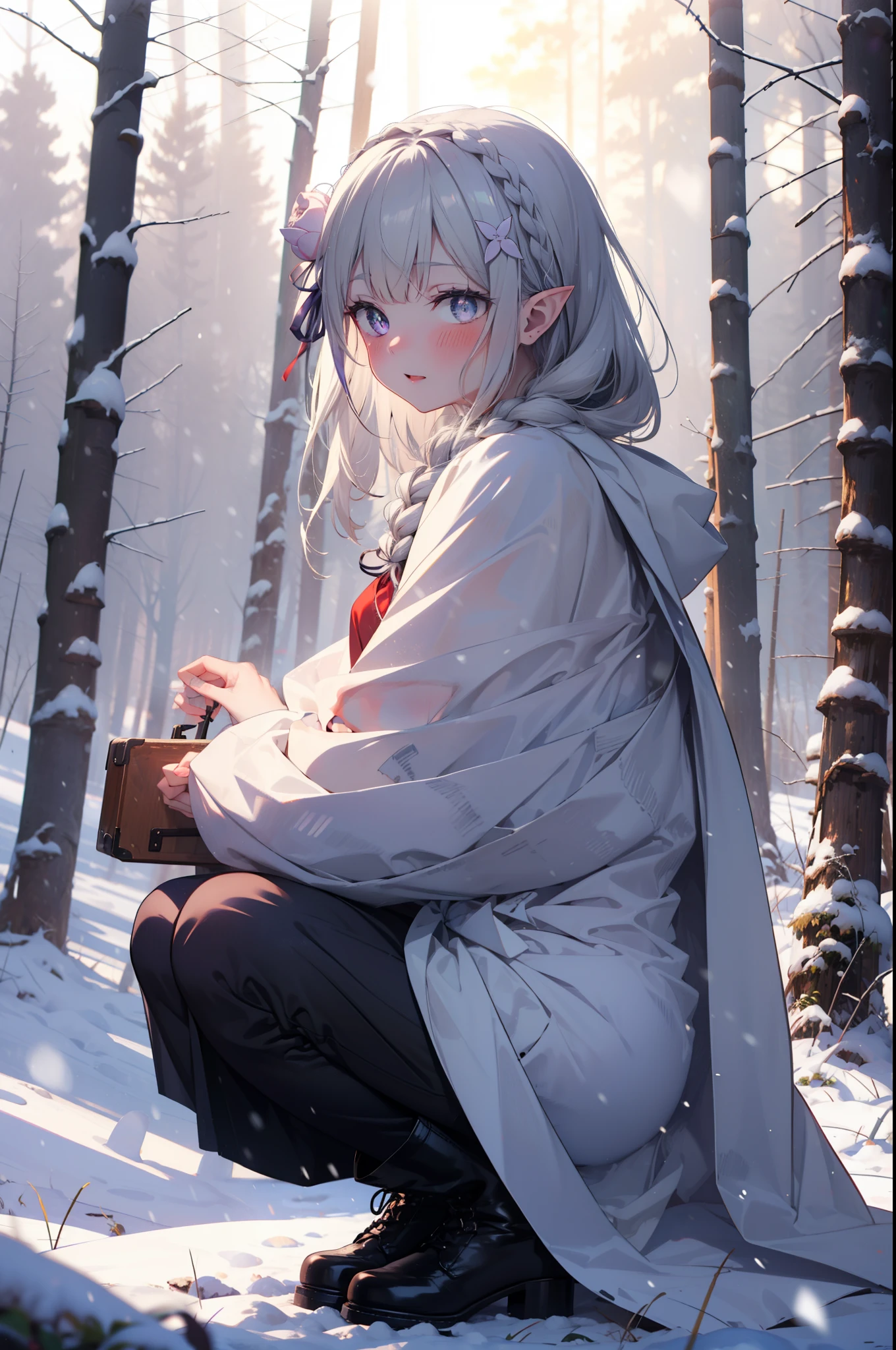 Emilia, Braiding, crown Braiding, flower, hair flower, hair ornaments, Hair Ribbon, Long Hair, Pointy Ears, (Purple eyes:1.2), Gray Hair, x hair ornaments,smile,blush,White Breath,
Open your mouth,snow,Ground bonfire, Outdoor, boots, snowing, From the side, wood, suitcase, Cape, Blurred, having meal, forest, White handbag, nature,  Squat, Mouth closed, Cape, winter, Written boundary depth, Black shoes, red Cape break looking at viewer, Upper Body, whole body, break Outdoor, forest, nature, break (masterpiece:1.2), highest quality, High resolution, unity 8k wallpaper, (shape:0.8), (Beautiful and beautiful eyes:1.6), Highly detailed face, Perfect lighting, Extremely detailed CG, (Perfect hands, Perfect Anatomy),