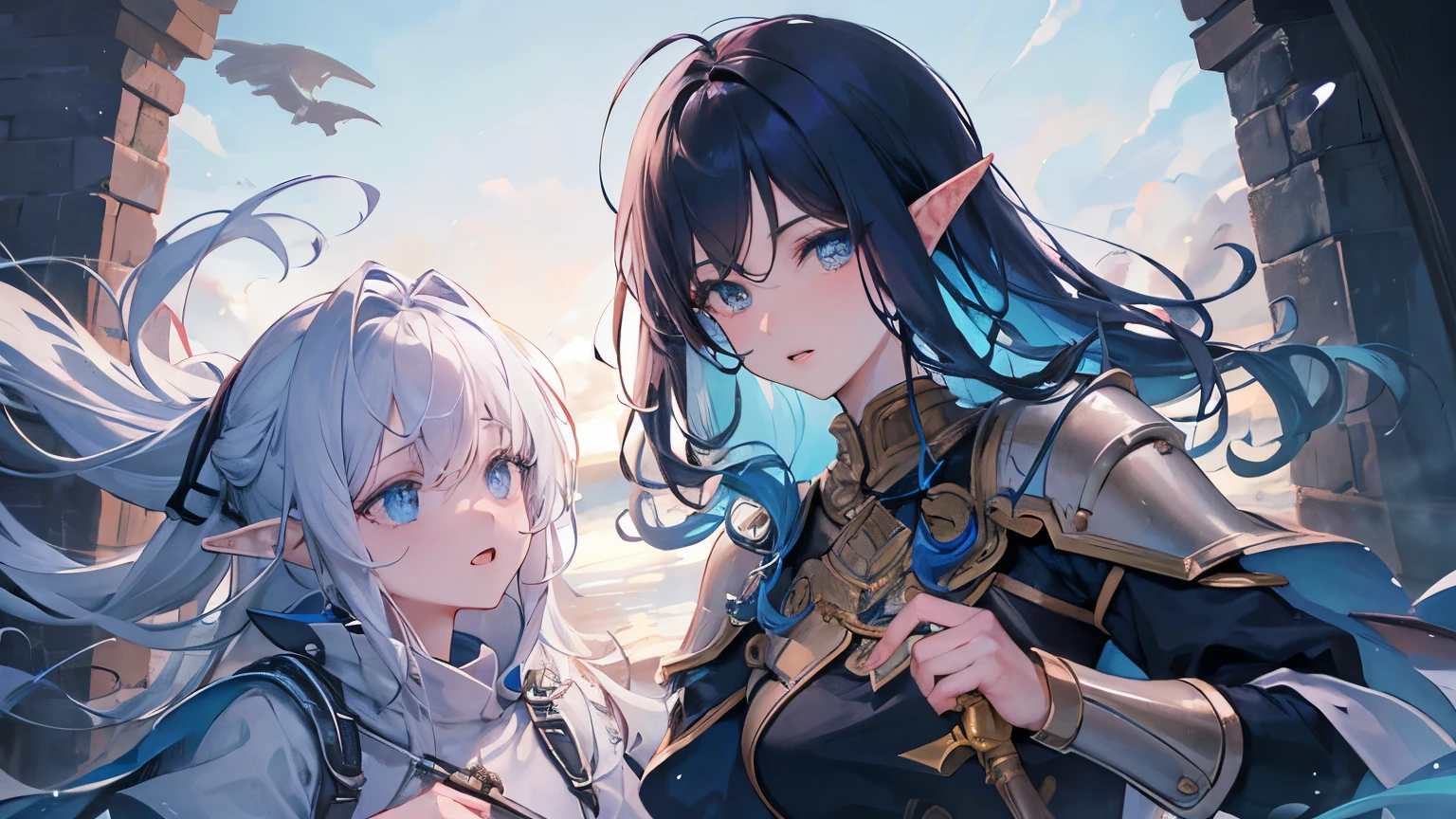 ((best quality)), ((masterpiece)), (detailed), perfect face, perfect detailed eyes, perfect detailed face, ultra-detailed nose, blue hair, messy hair, hair over eyes, medium hair, pale skin, forehead mark, pointy ears, cinematic lighting, chiaroscuro, elf, Female Knight, Elf Hero, (Wearing iron armor, Hold a dagger in right hand), cowboy shot