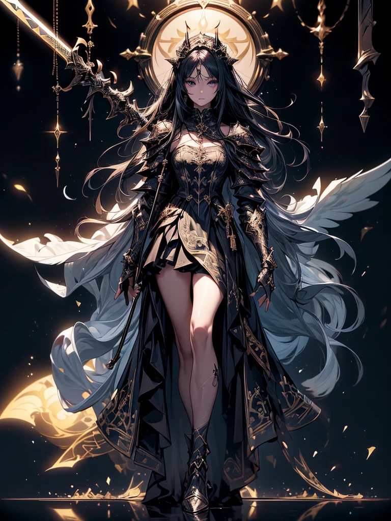 (((masterpiece, best quality, high detailed, 8k))) Design a layout showcase Gaming character, (1girl). Black|Gold clothes, stylish and unique. ((showcase weapon:1.4)), dark scythe. (masterpiece:1.2), (best quality), 4k, ultra-detailed. (Step by step design, layout art:1.5), (luminous lighting, atmospheric lighting). necromancer, ((glove full hands)), (((revealing clothes:1.3))), vambraces, armored legwear, (((full_body_shot:1.4))). {In a haunted graveyard}.
