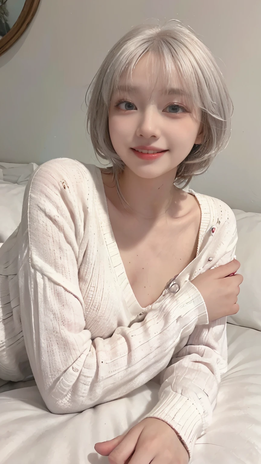 Best image quality、Raw photo、超A high resolution、21 year old Korean、Small breasts、Small breasts、Dynamic Angle、Cowboy Shot、Chaos in its most beautiful form、elegant、Brutalist Design、Beautiful white hair、Vibrant colors、Short Bob、smile、fun、smile、Glowing White Skin、Beautiful eyes with random colors、Very thin lips、Beautiful eyes in every detail、Long, narrow eyes、Pale pink blush、Long eyelashes、Beautiful double eyelids、eye shadow、Bright white hair、sofa、large summer sweater、Short sleeves、sleep、lie down、Lying on your back、Full body shot、Full body shotする