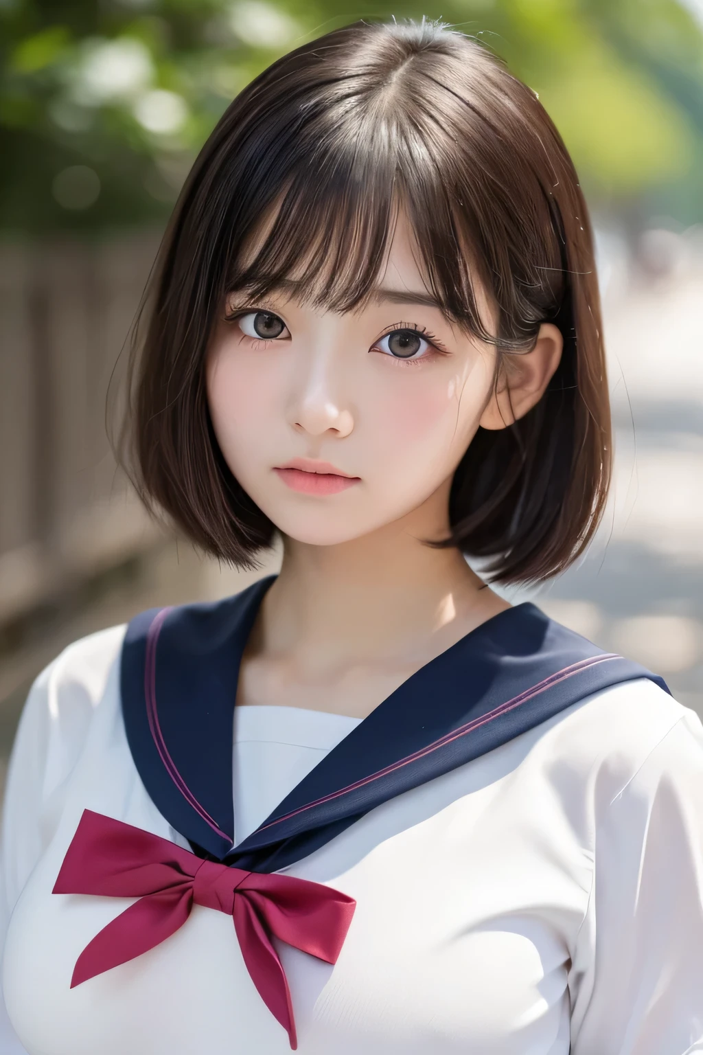 (1 Girl)、(Beautiful Japanese、18years old,round face、Refreshing、clear、seems kind、stylish、Pitiful、cute like an angel、cute、black eyes、,actress,Almond-shaped eyes,Translucent white skin、Beautiful skin), Good style , (((Beautiful big breasts:1.2))),(((soft breasts))),(very cute),(Black hair),(short bob hair),(enchanting eyes),(highlight on eyes:1.2)、(8K、Live shooting、highest quality、masterpiece:1.2、optimal lighting)、((masterpiece)),(Photo taken by a professional photographer),(real、photo real:1.4),break,{ (Cute Japanese high school sailor uniform),((Cute Sailor Suit:1.2))},(cheeks are red:1.3), break, break,Face shot:1.3、 face close-up,Looking up、(Cleavage:0.7)、,Looking at viewer,From below,(high school),(tear:1.4),(Troubled face)、Her hair is fluttering、Sad face、A worried look