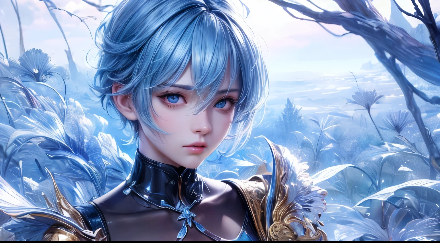 high quality,1 girl,short hair, Super detailed CG illustration of a young man with a calm expression, Stare into the distance,His striking light blue hair blew gently in the desert breeze. The landscape behind him is vast and stunning, Taking viewers into a world of wonder and discovery.More ideas