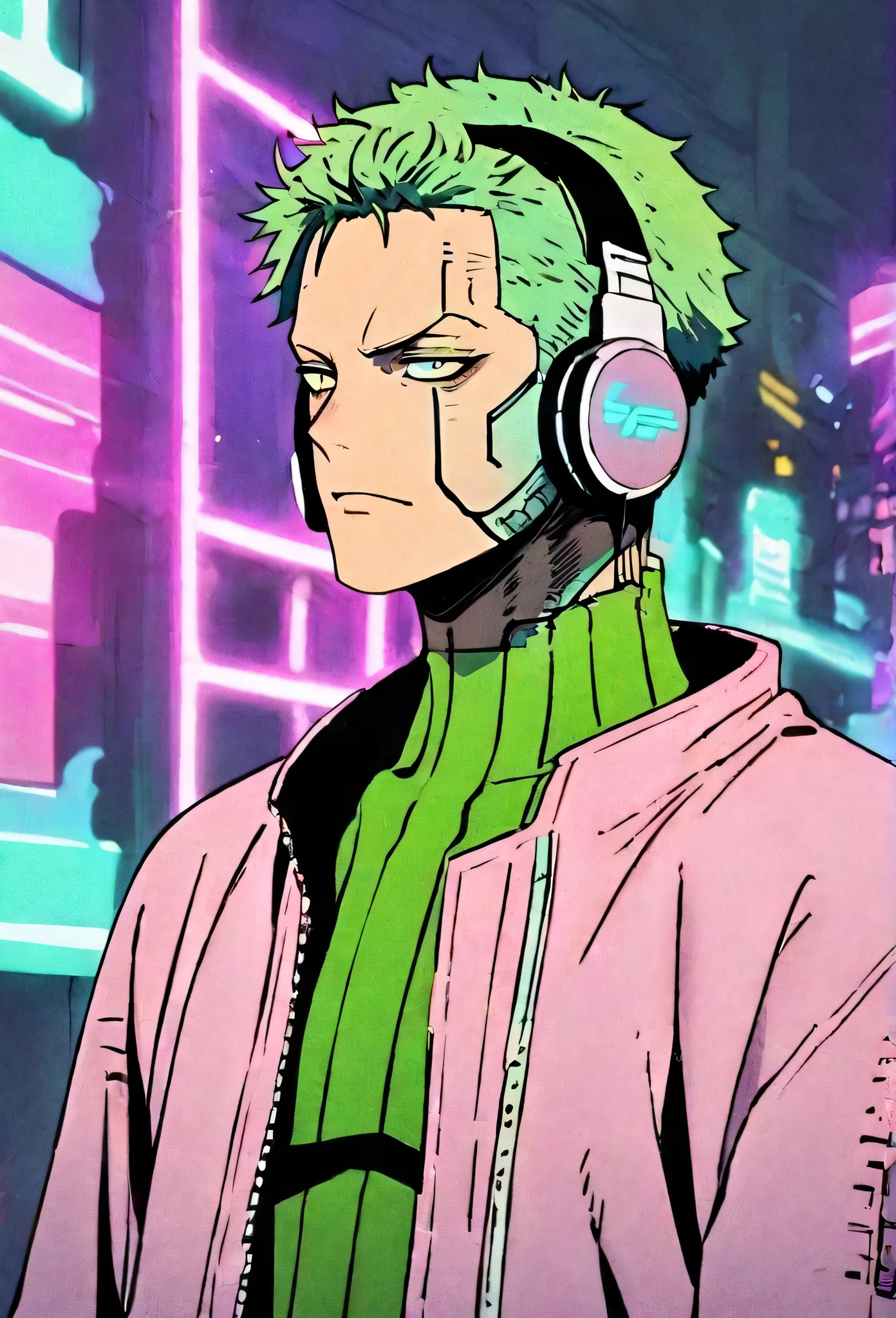 solo, handsome, 1 male, cyberpunk, pink coat, short hair, green hair, neon, dark yellow eyes, head phone