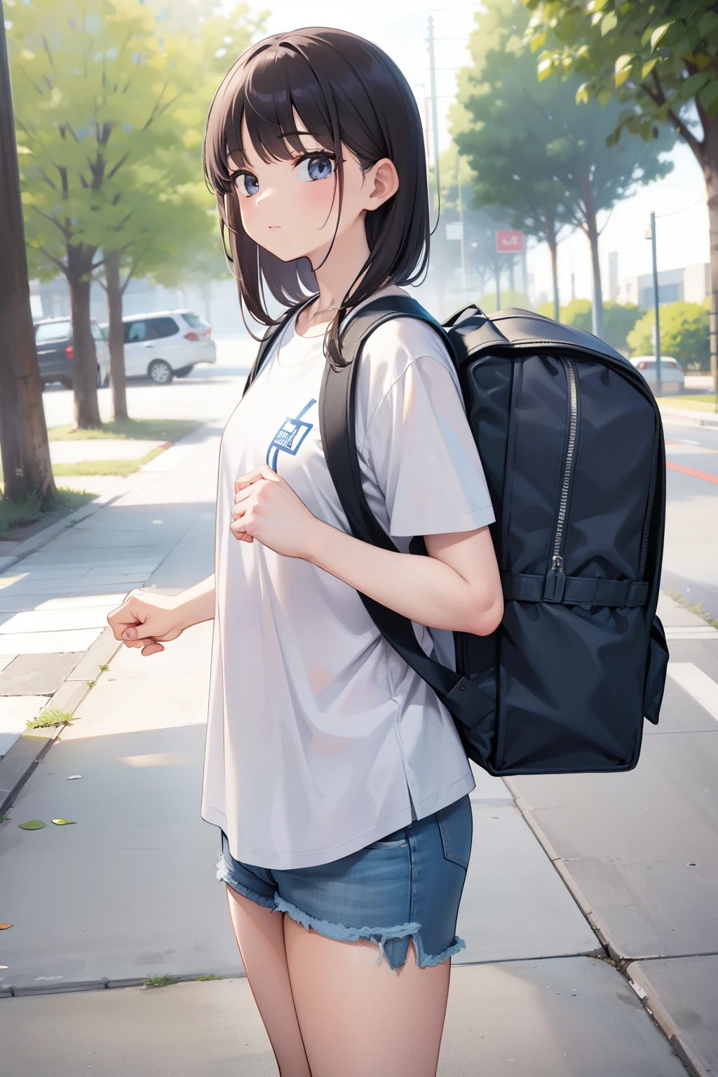 Masterpiece, 2d, anime, hd, 1 girl, wear white shirt, short sleeves, wear denim minipants, wear sneakers, standing, fullbody, wearing school backpack, (school backpack:1.2), daytime, sunlight, park