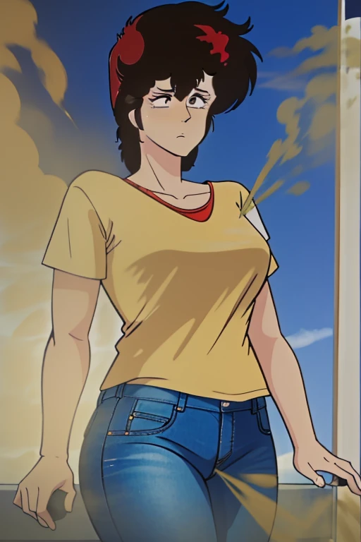 HD, high quality, high resolution, ultrahd,Kaori Makimura, 1female, wearing casual outfit, light shirt, jeans, default hair, brown hair, tall body, big body, massive fart, yellow smoke, clenching teeth, wide eyes, leaning, embarrassed