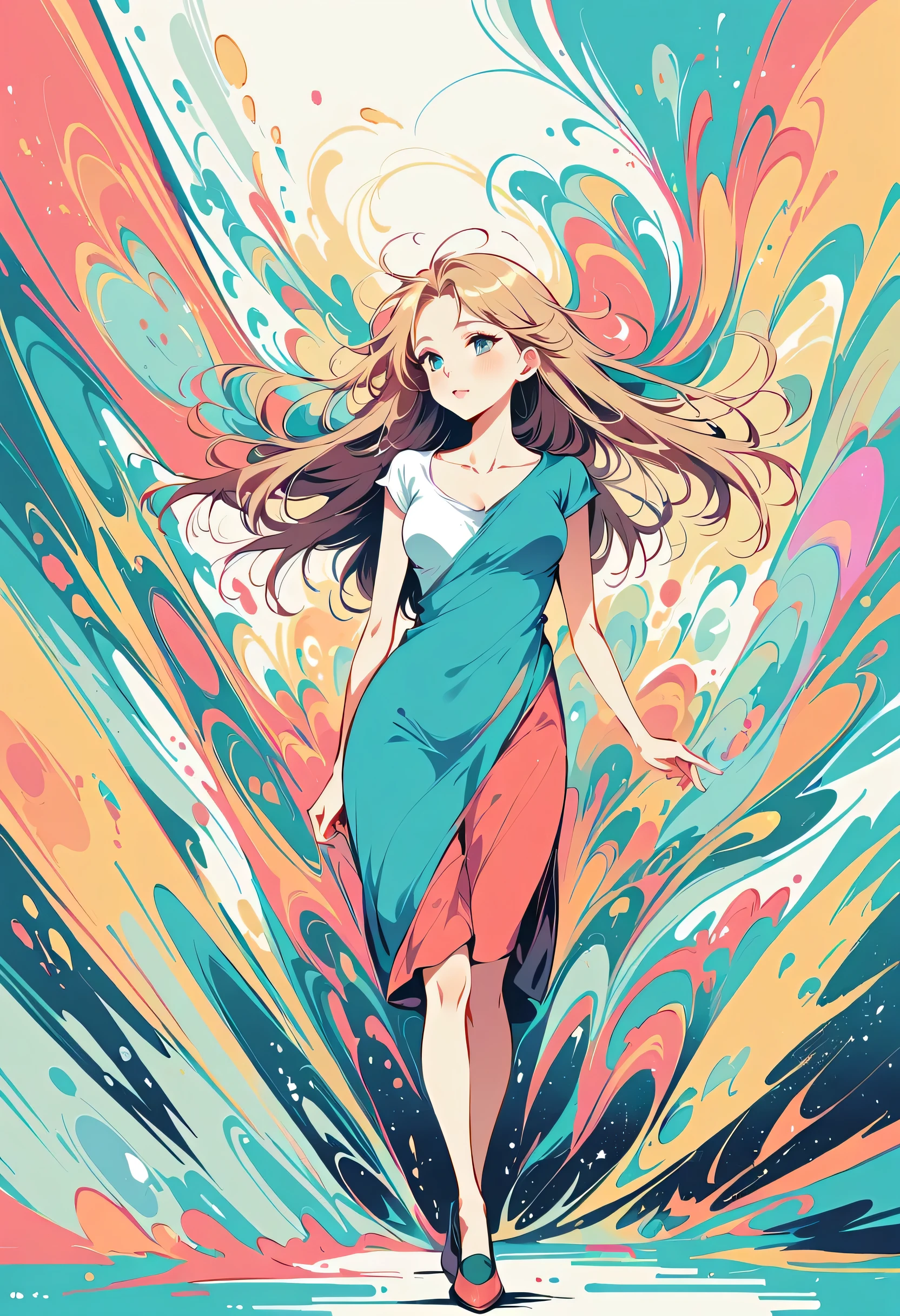 Watase Seizo style, Standing in front of a high wall,Simple Line Initialism,Abstract art,Urban Background, (((The most beautiful girl))), Lips in Love, walking, colorful flowers