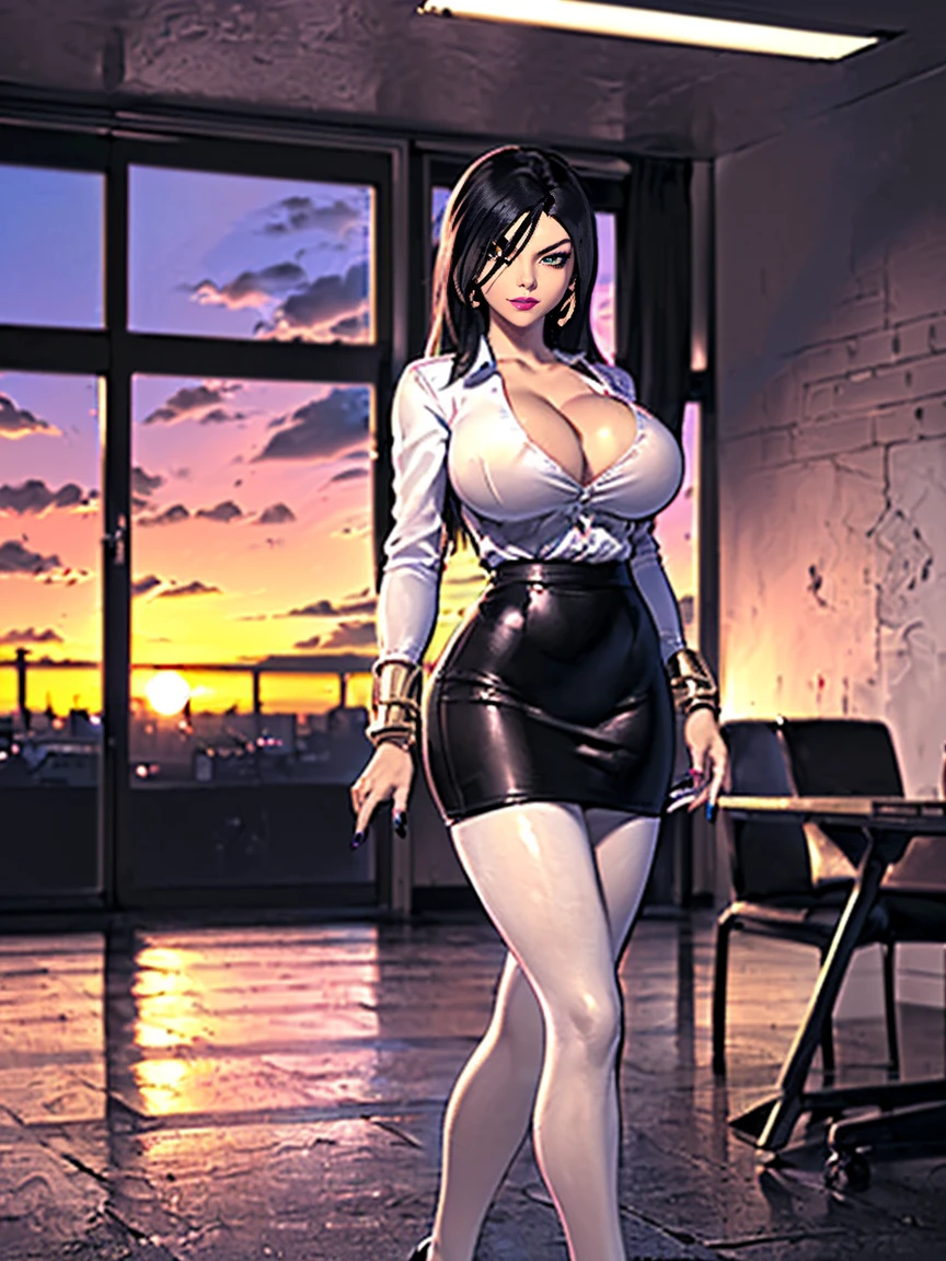 ((1 Girl, Solitary ,Solitary, (masterpiece, permanent, best quality, (word_Sugimoto, black eyes, long hair, Black Hair, permanent), Nail polish, Gold Bracelet, Ruby Earrings)), ((Solitary, 1 female, Pink lipstick, Very detailed, Soft ambient lighting, 4k, Perfect eyes, Perfect face, Perfect lighting, a 1 Girl)), Simple, ((Solitary, (1 female, Pink lipstick), Very detailed, Soft ambient lighting, 4k, Perfect eyes, Perfect face, Perfect lighting, a 1 Girl)), Simple, ((officelady, Black suit, black bodycon skirt, White shirt, Black pantyhose, High heels with black pumps, office, Work, Beautiful woman, Watching the audience, look here, High resolution, Top quality, whole body, (Anime style), Implications, office, Penthouse, Executive Room, Large windows, metropolitan scenery, Sunset, cloud)), document, books, table, shelf, Pen, (((Large Breasts、Breast sagging、Low-cut，Cleavage ，Wide hips,)))((Long legs)),Hourglass figure)),