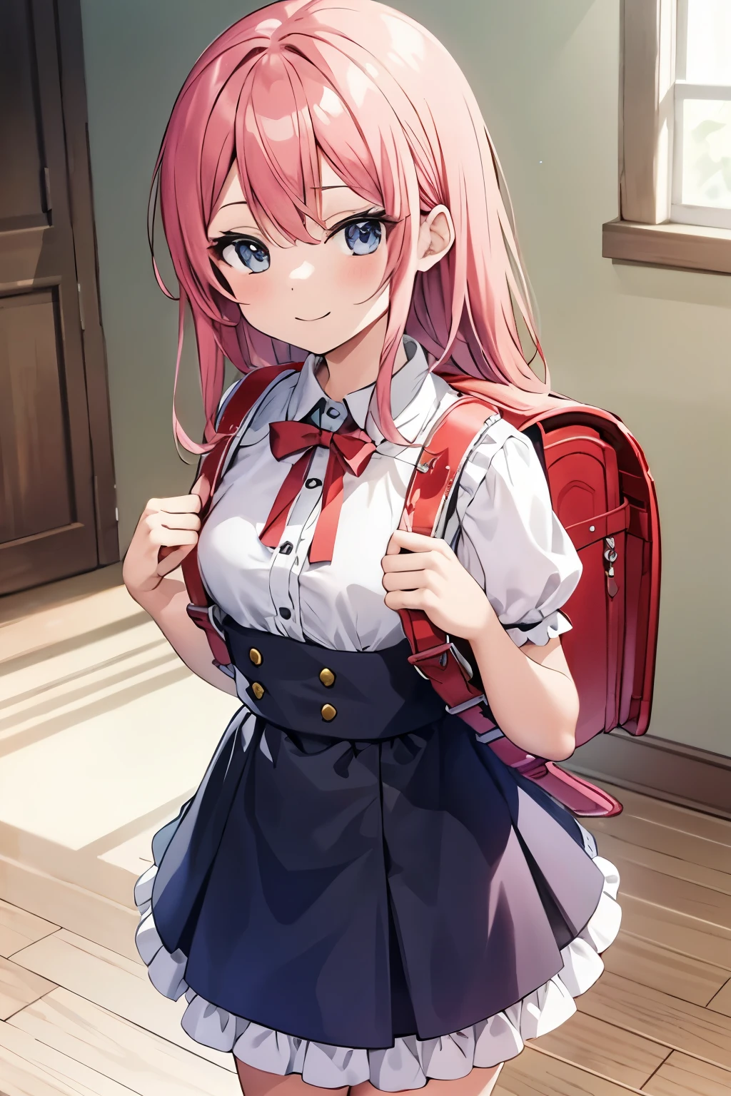 (masutepiece), Best Quality, High resolution, Highly detailed, Detailed background, Perfect Lighting, Indoor, 1girl in, , Looking at Viewer, , Maid Uniform, Adorable smile, Wearing a pink school bag backpack, (Red Backpack:1.0)