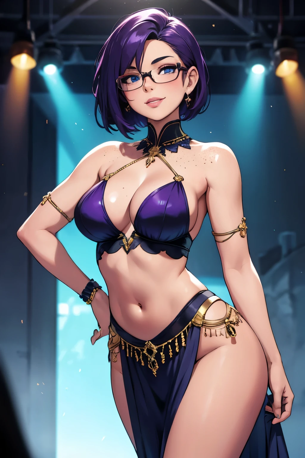 Beautiful young ager, 1girl, purple hair, blue eyes, extremely short hair, freckles on face, happy, smiling, thin frame eyeglasses, thick lips, full lips, huge breasts, extreme cleavage, deep cleavage, very thin body, belly dancer clothes, midriff, high heels, perfect anatomy, photoshoot background, ultra-detailed, 4k, 8k, best quality, masterpiece, model, modeling, posing for camera, detailed background