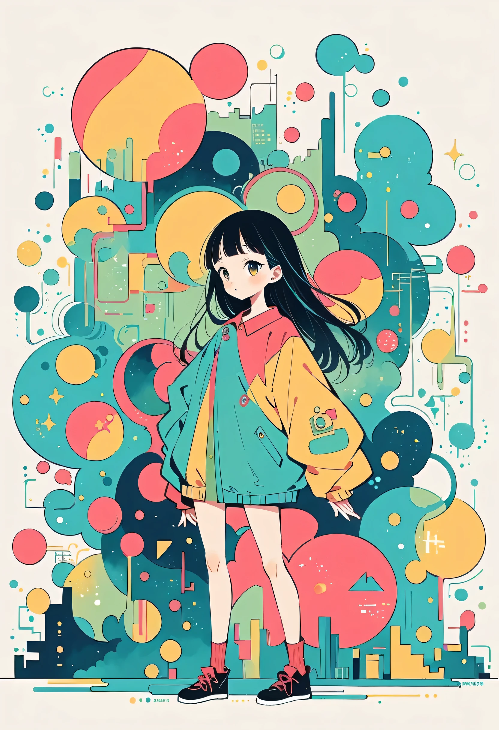 Watase Seizo style, Standing in front of a high wall,Simple Line Initialism,Abstract art,Urban Background, (((The most beautiful girl))),
