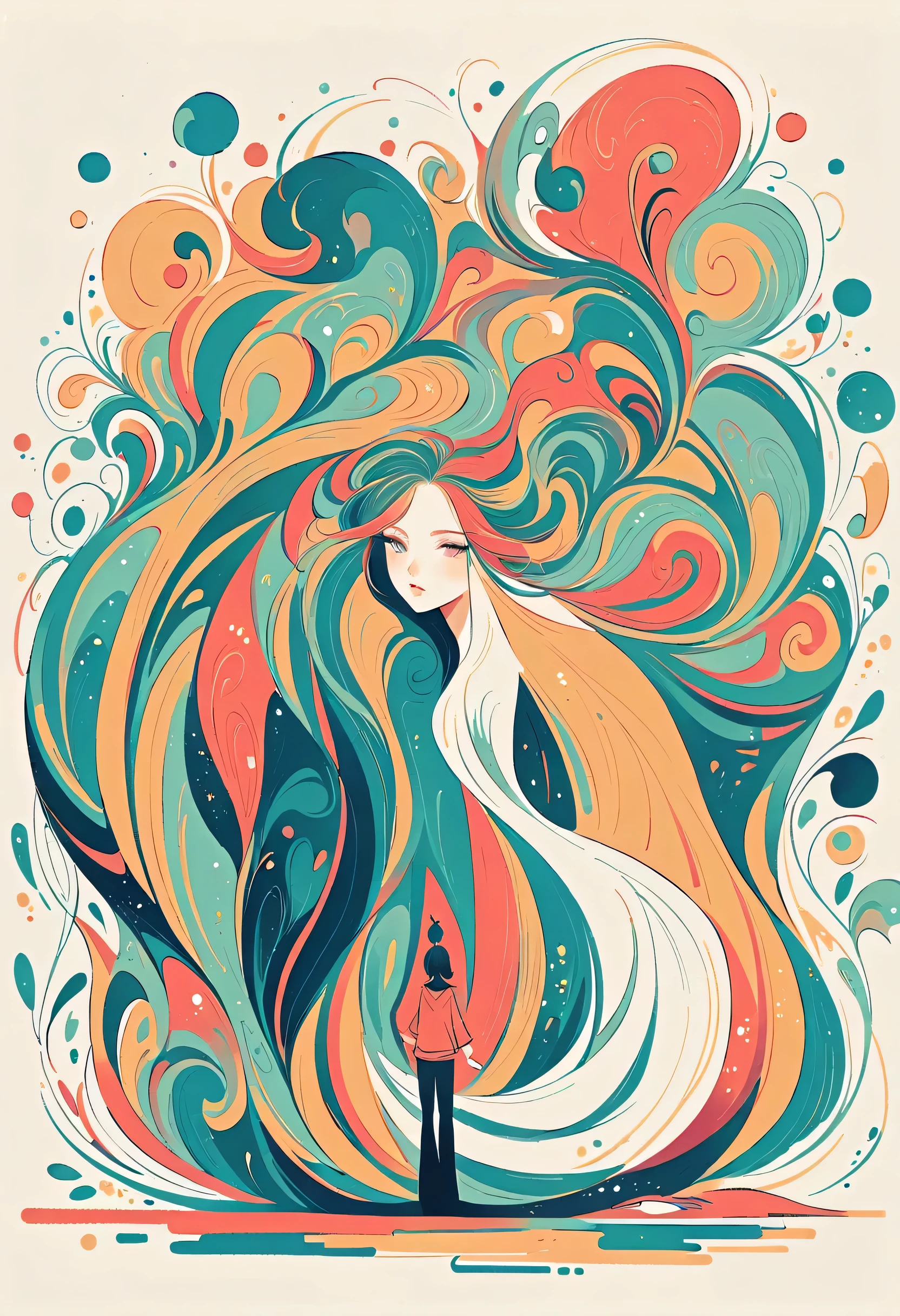 Watase Seizo style, Standing in front of a high wall，Simple Line Initialism，Abstract art，Urban Background, (((The most beautiful girl))),