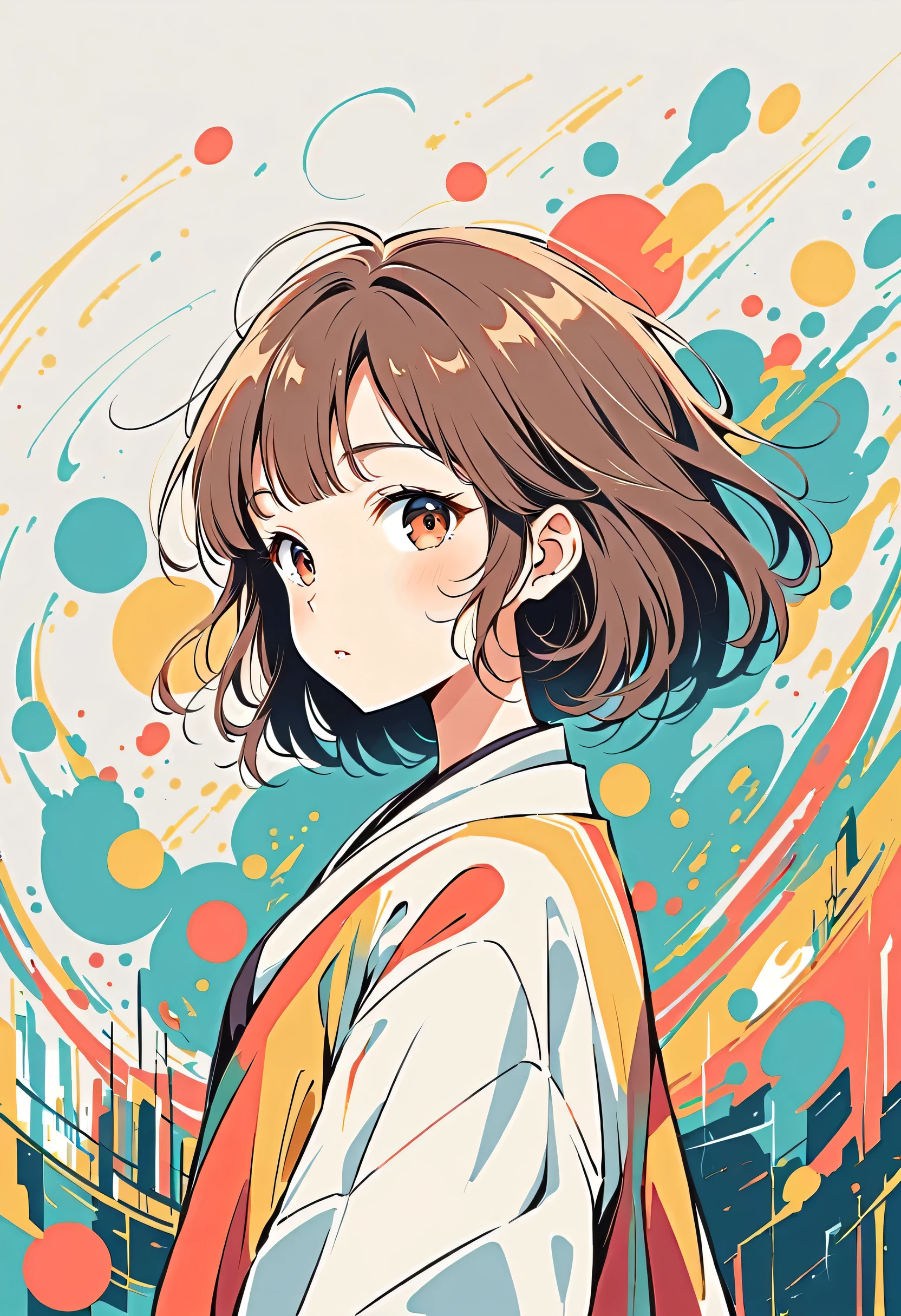 Watase Seizo style, Standing in front of a high wall,Simple Line Initialism,Abstract art,Urban Background, (((The most beautiful girl))),