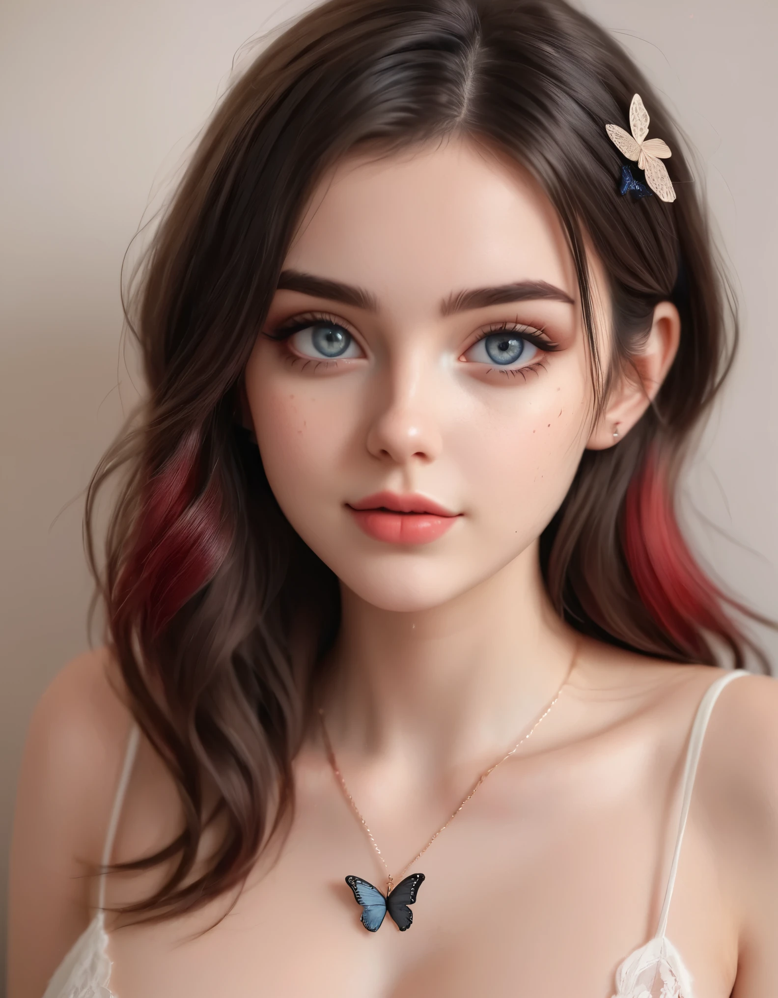 a girl with large, expressive golden eyes is sitting on a bed in a cozy room. Her hair is styled in a messy updo with some loose strands framing her face. She wears a playful red and blue hair accessory that adds a touch of color. She is dressed in a revealing black lace lingerie set with intricate patterns, showcasing a plunging neckline and a cutout design on the front. A delicate butterfly necklace adorns her neck, adding to her elegant and seductive appearance. The lighting is soft and warm, casting gentle shadows that accentuate her curves and the textures of the fabric. The background features a framed artwork and muted, neutral tones that keep the focus on the girl. She has a playful and inviting expression, with a slight blush on her cheeks and a subtle smile on her lips. distant full body view, photo realistic