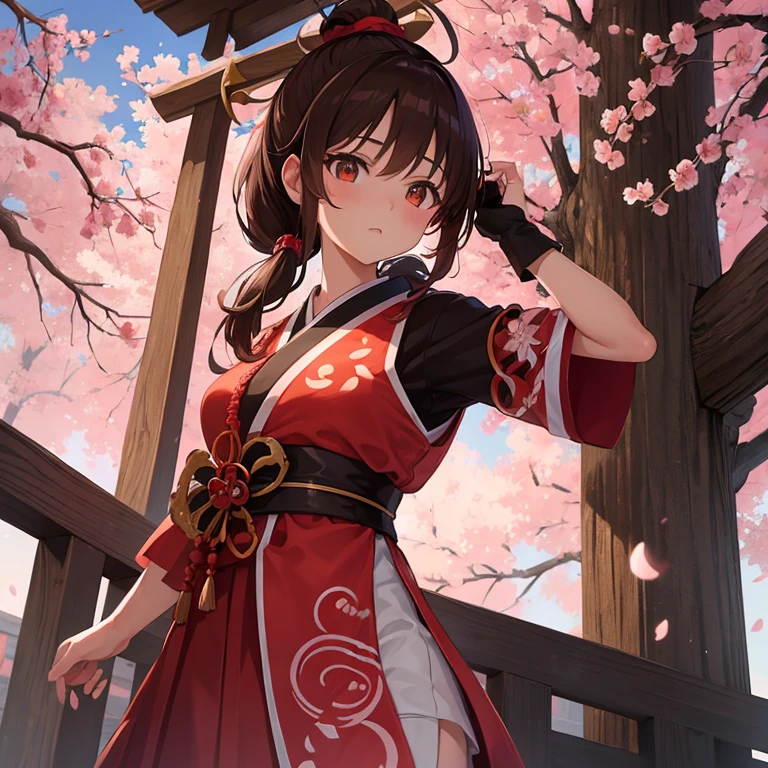 A girl with brown hair and a ponytail wearing a shrine maiden outfit is holding an exorcism hat.、Beautiful cherry blossoms in the background　Has a god-like image