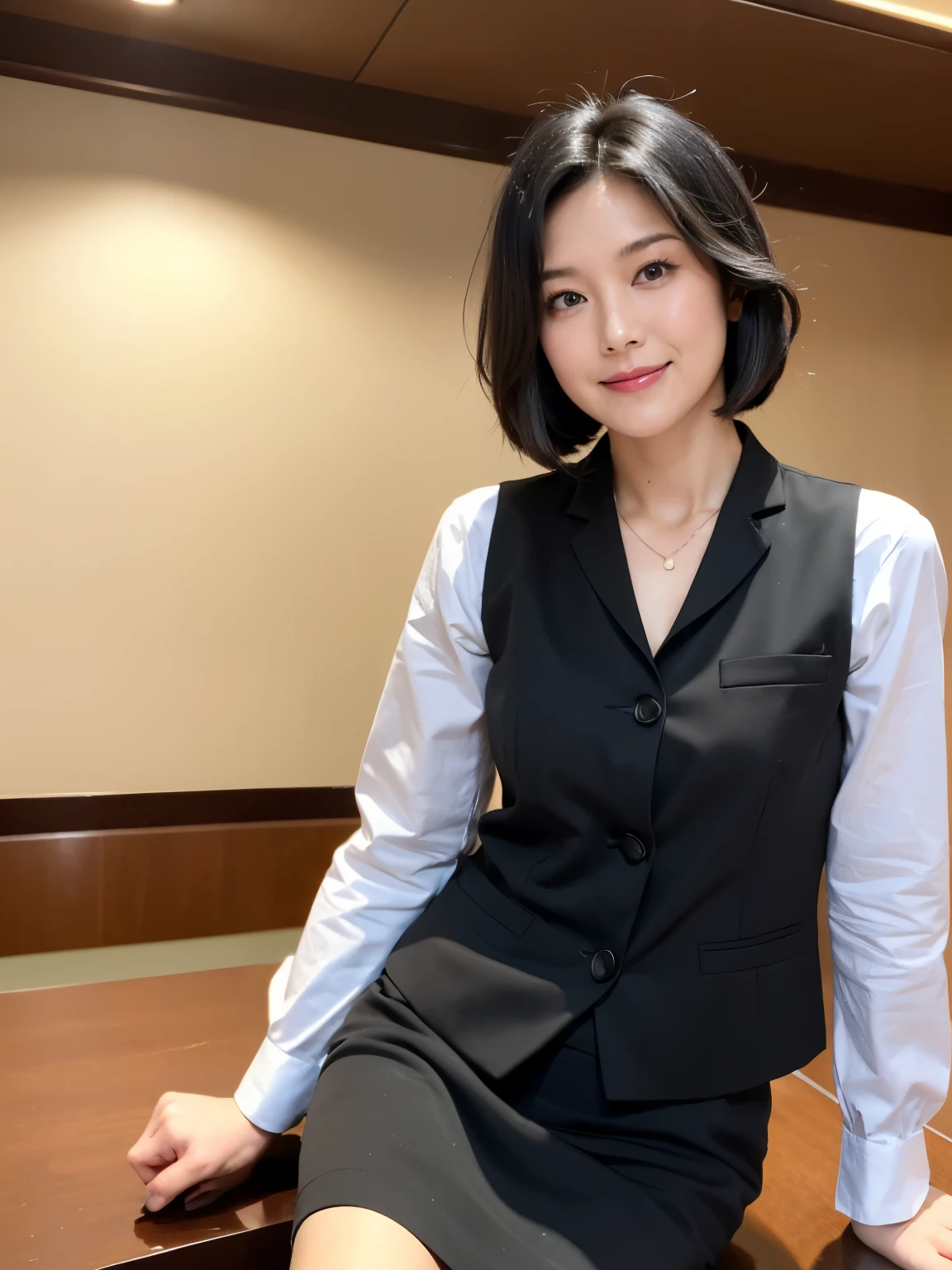 最high quality, In 8K, Masseter region, Vibrant, Sharp focus, high quality, High resolution, Detailed face, fine grain, Thick lips, (Looking at the audience), alone, Beautiful woman, 38 years old, Japanese women, (Short black hair:1.4)、(Bob Hair:1.4), Cleavage, Lunch break、(Silicon Valley IT company headquarters、Large lobby、High ceilings、Large windows、Sitting on a bench in the reception area:1.3)、(Full body photo:1)、(Japanese women)、(Female office worker uniform:1.8), (wearing a dark 青 vest over a white blouse:1.5), The vest has three gold buttons, (A red scarf around her neck)、(Knee-length dark blue skirt)、(Black pumps:1.5)、(Red lipstick:1.1)、(smile:1.3)、(standard body type)、(D cup breasts)