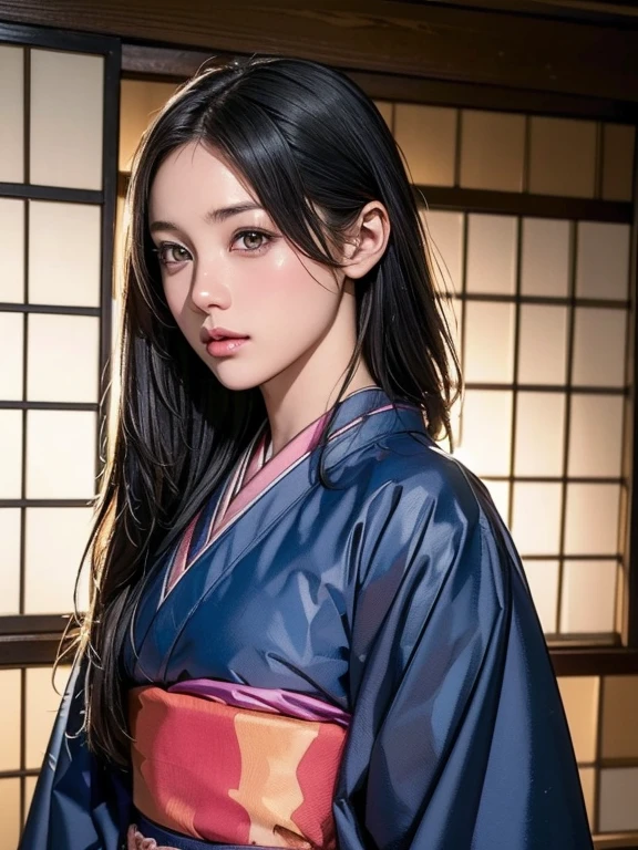 (highest quality、8k、32k、masterpiece)、(masterpiece,up to date,Exceptional:1.2), anime,One girl,Front hair,black_hair, Beautiful 8k eyes,Looking_in_Audience,One person in,Are standing,((Very beautiful woman, Fuller lips, Japanese pintern kimono))、((Colorful Japanese kimono)))、(((Medium Shot)))、Blunt bung、(High resolution)、Very beautiful face and eyes、1 girl 、Round and small face、Narrow waist、delicine body、(highest quality high detail Rich skin details)、(highest quality、8k、Oil paints:1.2)、Very detailed、(Realistic、Realistic:1.37)、Bright colors、(((blackhair)))、(((Long Hair)))、(((cowboy pictures)))、((( Inside an old Japanese house with a (short focus lens:1.4),)))、(masterpiece, highest quality, highest quality, Official Art, beautifully、aesthetic:1.2), (One girl), Very detailedな,(Fractal Art:1.3),colorful,Most detailed,Sengoku period(High resolution)、Very beautiful face and eyes、1 girl 、Round and small face、Tight waist、Delicine body、(highest quality high detail Rich skin details)、(highest quality、8k、Oil paints:1.2)、(Realistic、Realistic:1.37)、Greg Rutkowski Written by Alphonse Mucha Ropp,short ,uchikake,nishijin ori,(realistic light and shadow), (real and delicate background),(muted colors, dim colors, soothing tones:1.3), low saturation, (hyperdetailed:1.2), (noir:0.4),drow,blurry_light_background, (vibrant color:1.2), cinematic lighting, ambient lighting,Single Shot,Shallow Focus,pink lip,blurry light background,