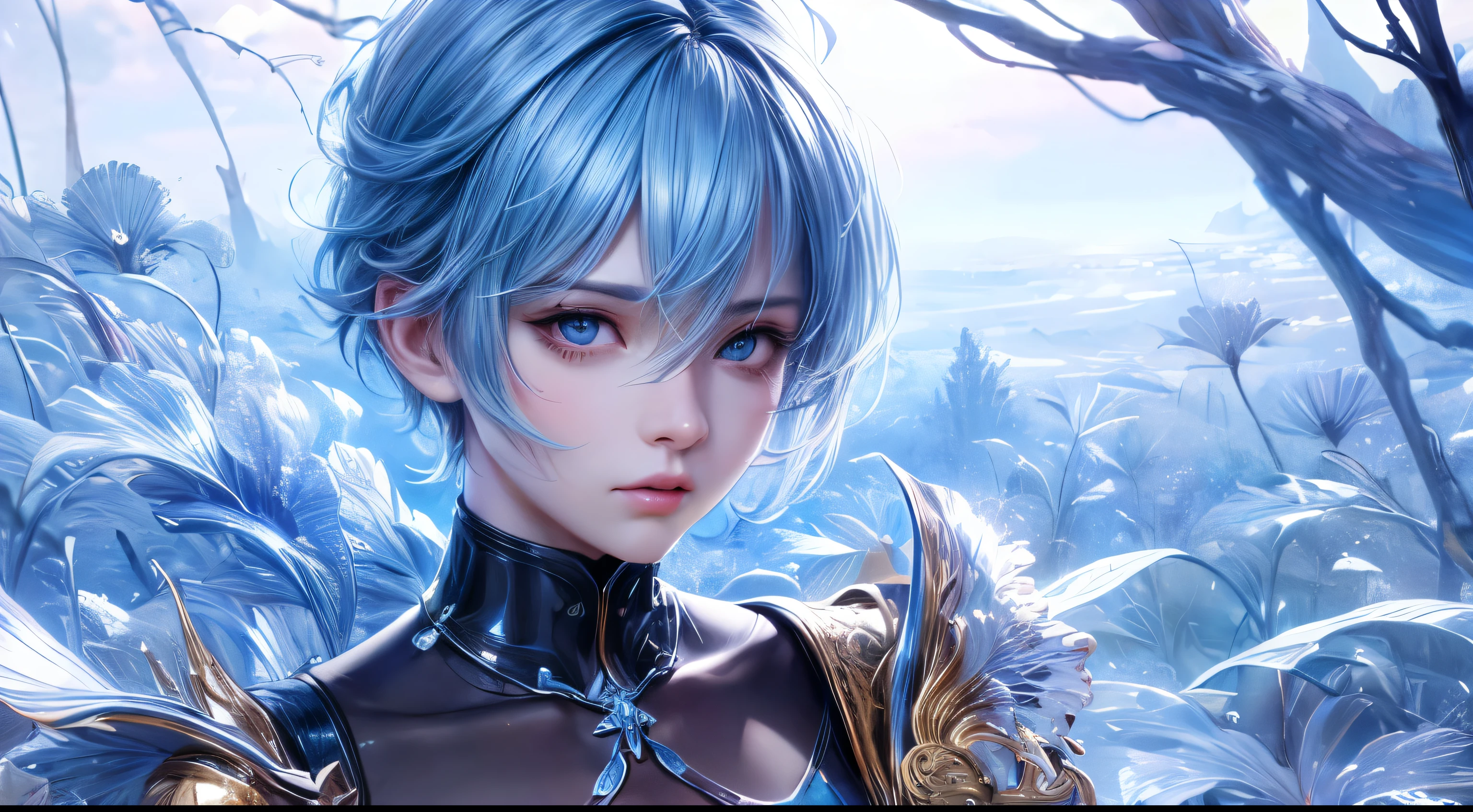 high quality,1 girl，short hair, Super detailed CG illustration of a young man with a calm expression, Stare into the distance，His striking light blue hair blew gently in the desert breeze. The landscape behind him is vast and stunning, Taking viewers into a world of wonder and discovery.More ideas