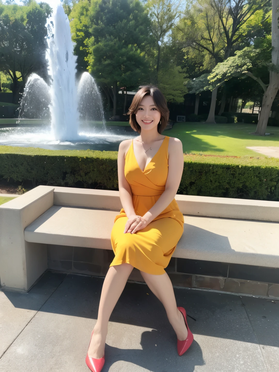 最high quality, In 8K, Masseter region, Vibrant, Sharp focus, high quality, High resolution, Detailed face, fine grain, Thick lips, (Looking at the audience), alone, Beautiful woman, 38 years old, Japanese women, （Short black hair:1.4）、（Bob Hair:1.4）, Cleavage, Lunch break、Large city park、Green Grass、In front of a big fountain、（sitting on a park bench:1.3）、（Full body photo:1）、（Orange Formal Dress:1.5）、（Knee-length dresses:1.5）、（Black pumps:1.5）、（Red lipstick:1）、（smile:1.3）、（standard body type）、（D cup breasts）
