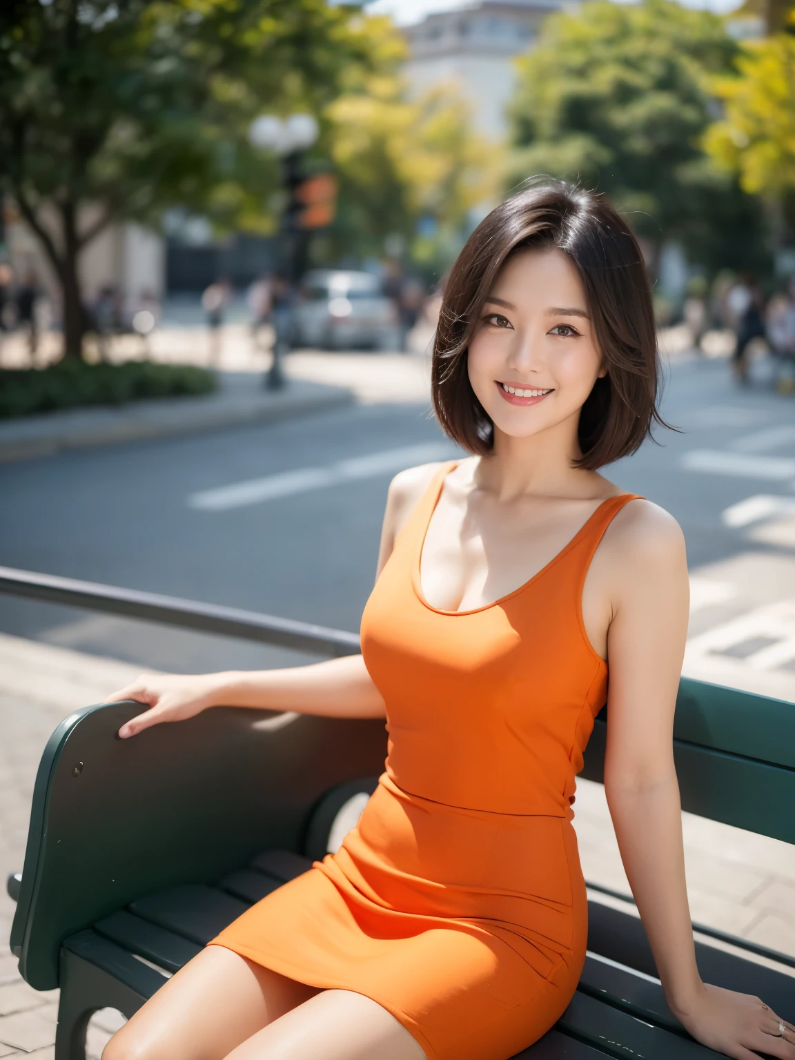 最high quality, In 8K, Masseter region, Vibrant, Sharp focus, high quality, High resolution, Detailed face, fine grain, Thick lips, (Looking at the audience), alone, Beautiful woman, 38 years old, Japanese women, ((Short brown hair:1.4)),(Cleavage:1.1), Lunch break、Large city park、Green Grass、(sitting on a park bench:1.3)、(Full body photo:1)、(Red formal dress:1.5)、(Knee length dresses:1.5)、(Black pumps:1.5)、(Red lipstick:1)、((smile:1.6))、(Standard body type)、(D cup breasts)、((The right hand is raised straight up towards the sky:1.5))