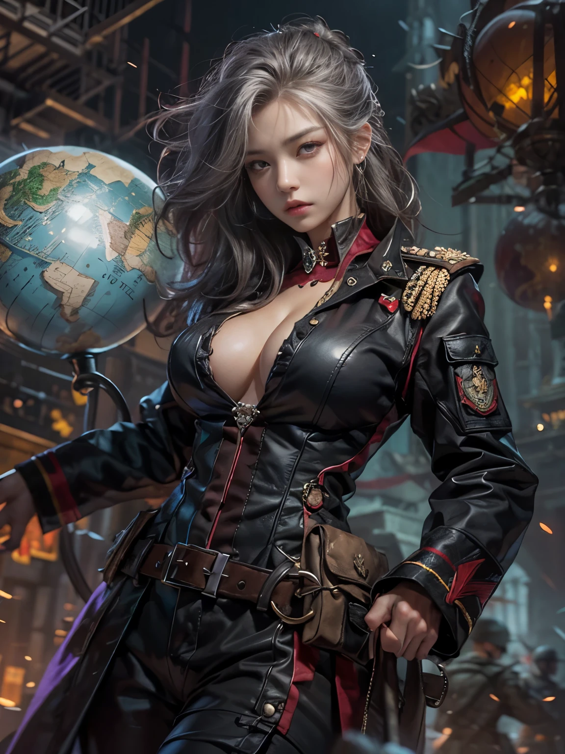 Zerg Queen Beautiful Girl: Ranlinger, 18 years old with slim body, (dictator:1.6), white silver Messy Hair, beautiful Perfect Face, Soft Skin, Perfect Face, Yasutomo Oka's painting style, Big firm Breasts, hard nipples, Sexy, Sharp Eyes, Break, dynamic sexy poses, sweat, wearing dark red long coat, back long military suit, cleavage is exposed, black long skirt, black boots, Add light purple and purple, Add Light Red, Intricate details, Splash screen, 8K resolution, masterpiece,(military medals, dark huge palace, huge globe:1.4), (Ruthless, dignified, mad, brutal:1.3), Sharp Eyes, Break