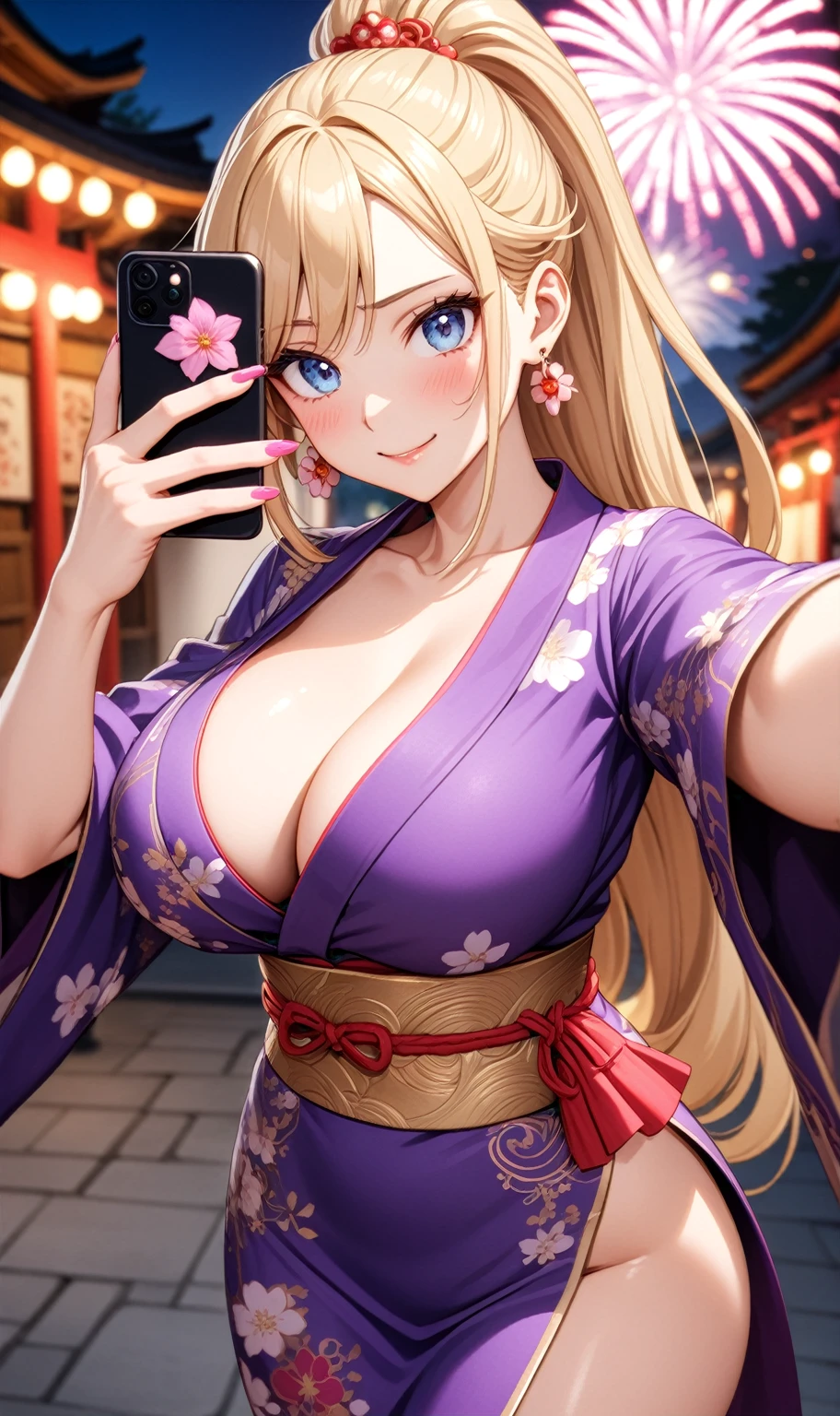 ((one personの女性)), Beautiful Face,Embarrassed and kind expression,Laugh embarrassedly,(Taking a selfie with my boyfriend),turn bright red,Glossy pink lips,night,Shrine festival sexpensives,firework, ((Anime style background)),masterpiece, highest quality, so beautiful, Latest, Complex details, (Pink long nails),AI-generated, Complex,High resolution, highest quality, super high quality,3D Images、View your viewers、3D Images,one person,Long Blonde Hair,High Ponytail,blue eyes,Anime woman posing for a photo, [[Fine grain、Colorful eyes、Shining Eyes:1.15]],(Squint your eyes:1.1),a hyperRealistic , hyperRealistic , Realistic,Blonde anime woman with long hair, Smooth anime CG art, A woman in a colorful kimono with gold embroidery, (Purple kimono),White floral pattern,Long flower hair ornament,Big earrings,(Big Breasts:1.2),Mature Body,expensive,Big Ass,Fine details,Tight waist,Abdominal muscles,Shooting at an angle,Recurve your hips